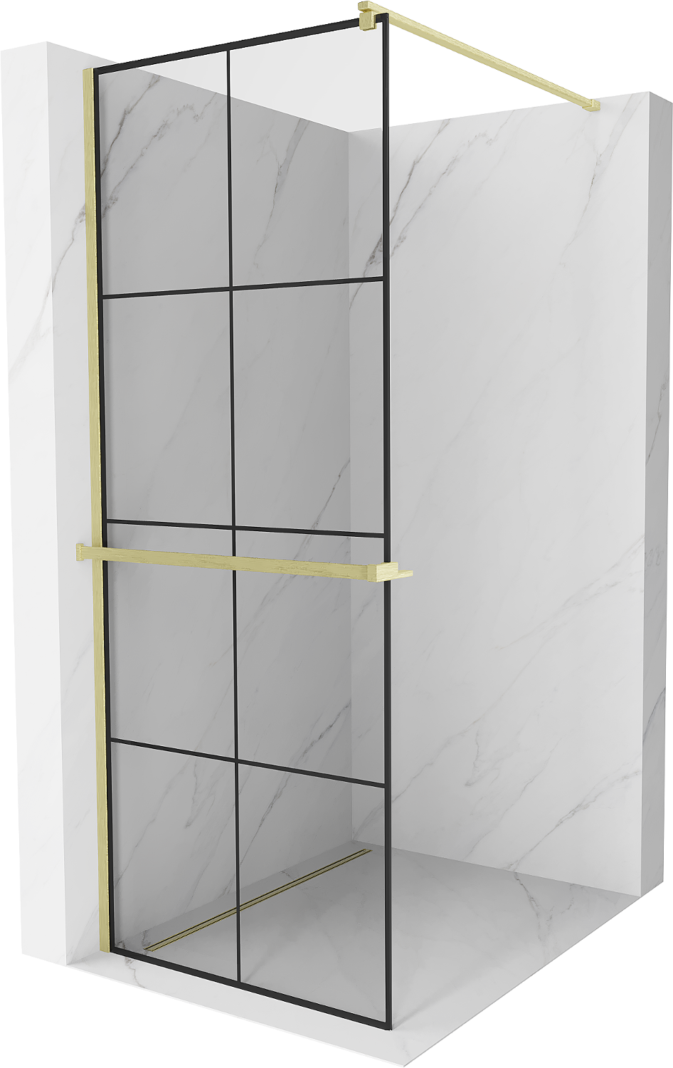 Mexen Kioto+ ścianka prysznicowa z półką Walk-in 80 x 200 cm, czarna kratka, złota szczotkowana - 800-080-121-55-77