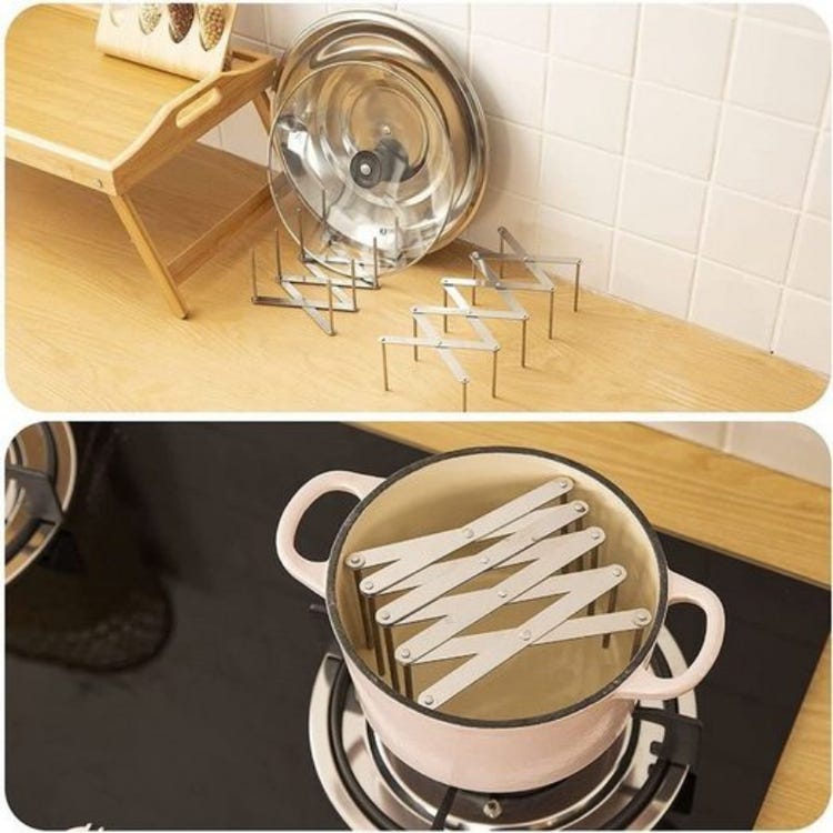 Set de 2 égouttoirs multifonctions rétractables en acier inoxydable pour bols, assiettes et vaisselle, et un égouttoir pour couvercles de cuisine. - 5