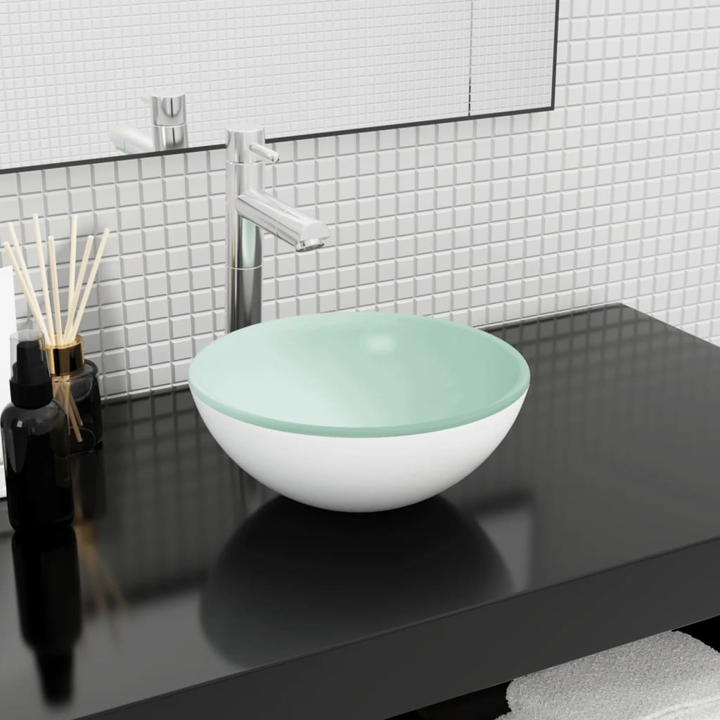 Ensemble Lavabo Verre Trempé Vert Feuille - Robinet Laiton Chromé - FD 4257-1