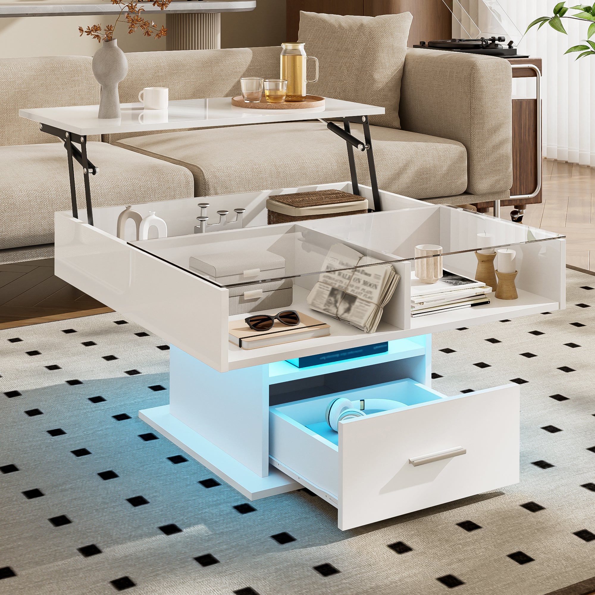 Stolik kawowy regulowany 78×78×45,5 cm - z oświetleniem LED - 1 szuflada - otwarte półki - biały