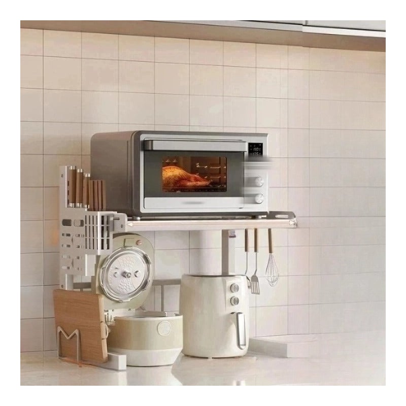 Półka kuchenna, uchwyt do kuchenki mikrofalowej i urządzenia do gotowania ryżu, wysuwana półka, 2 poziomy, z uchwytami na noże i pałeczki