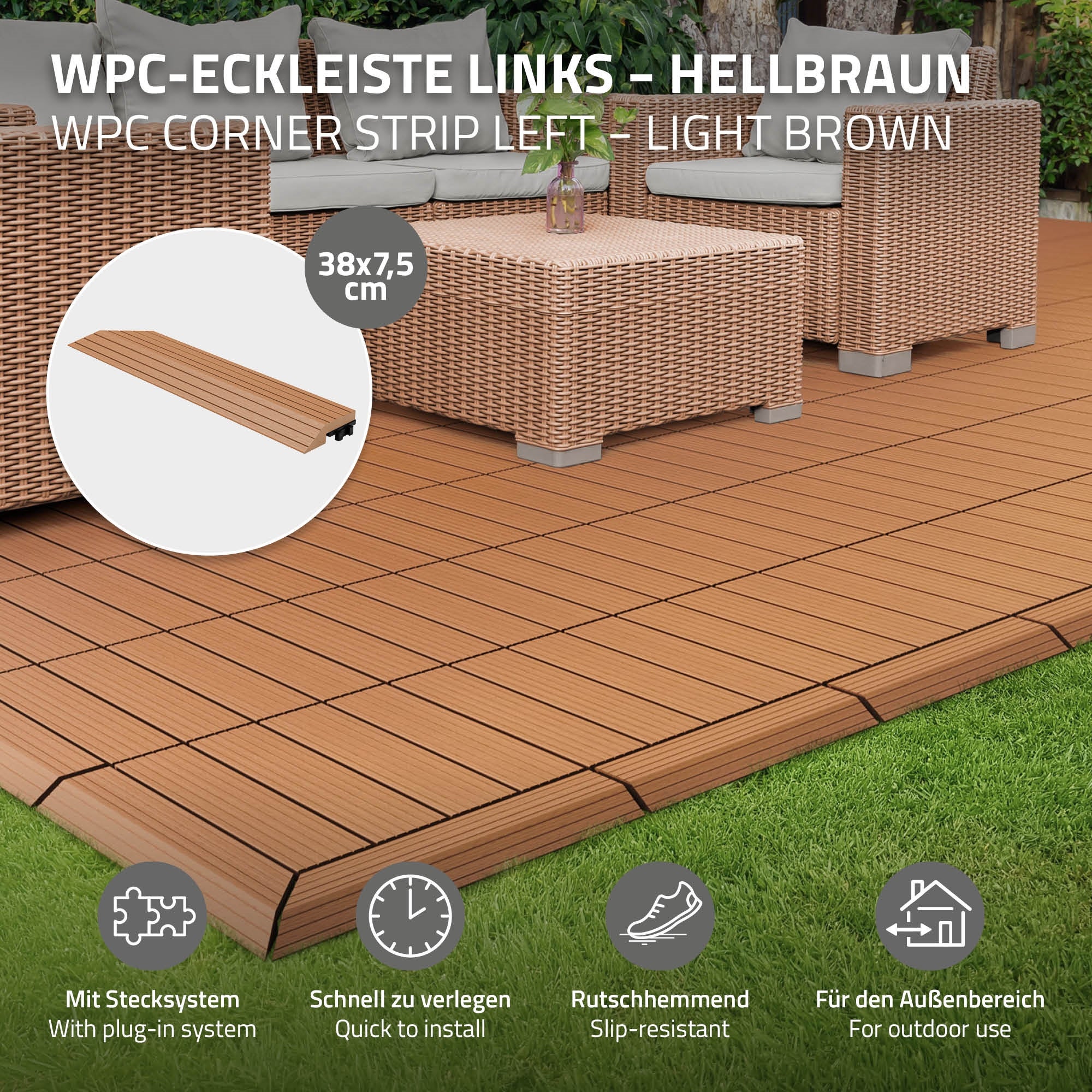 ML-Design listwa narożna lewa wpc jasnobrązowy 38x2x7,5 cm profil drewnopodobny ryflowany z odpływem wzmocniona baza system klik obróbka krawędzi - 2