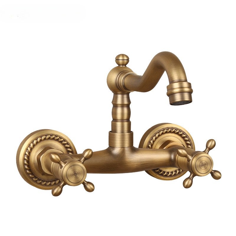 Kran ścienny z mosiądzu antycznego z wkładem ceramicznym, bateria umywalkowa ścienna z dwoma uchwytami z mosiądzu antycznego 21,5 * 19 * 16 cm