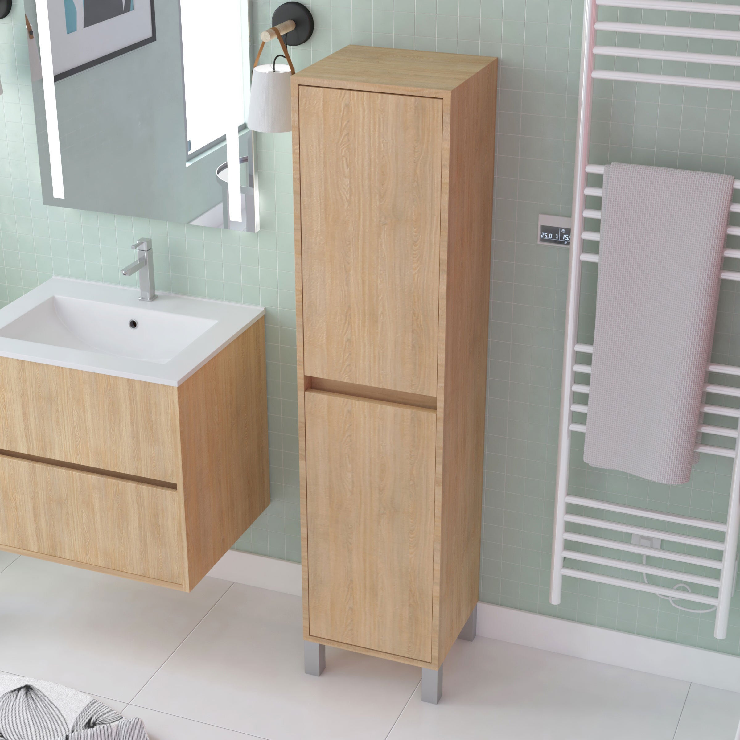 Colonna per mobile bagno Rovere Chiaro con Piedi - Altezza 160 cm - 2 Ante - XENOS - 2