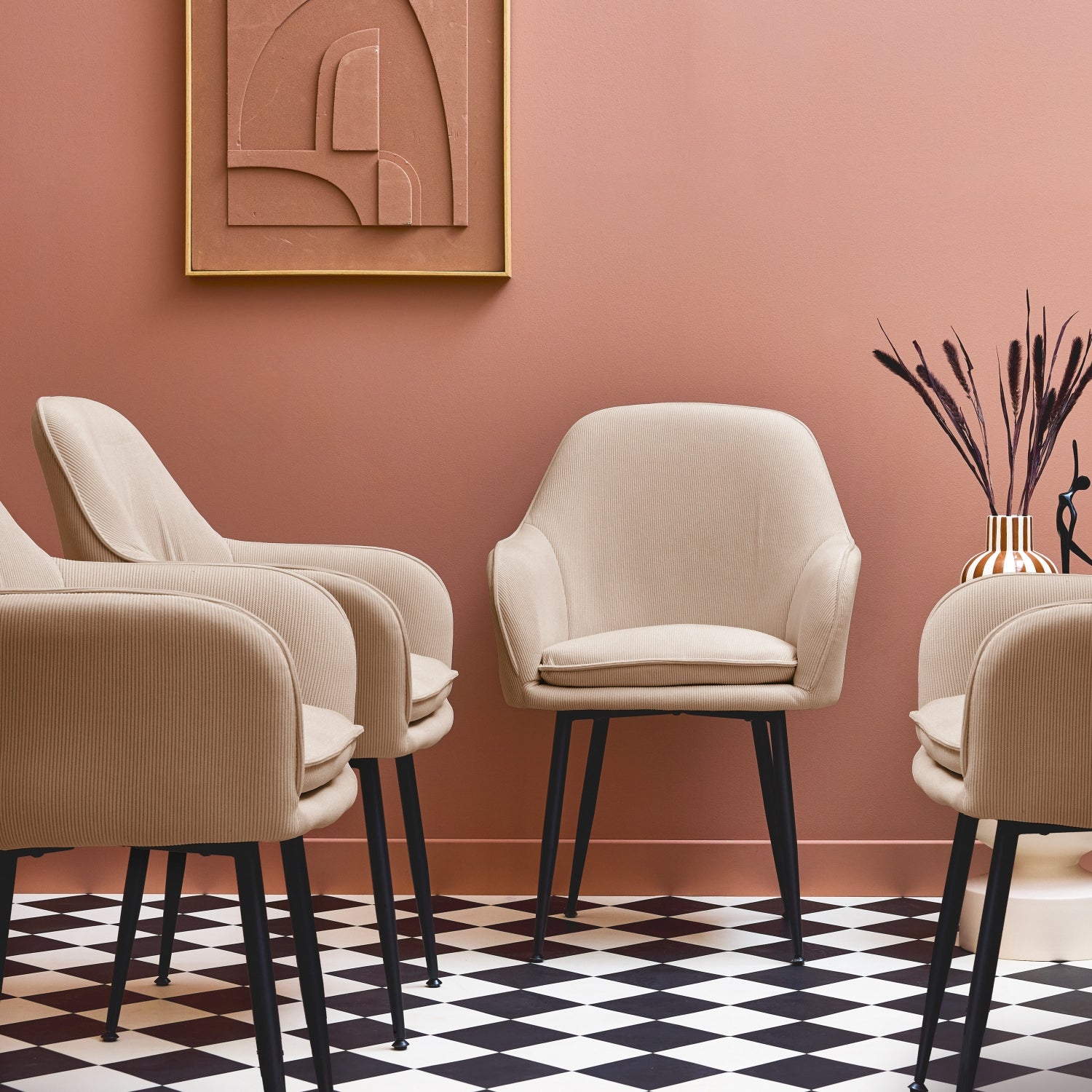 Lot de 4 fauteuils en velours côtelé beige et pieds en métal noir mat. L 57 x P 59 x H 84.5cm SHELLA - 8