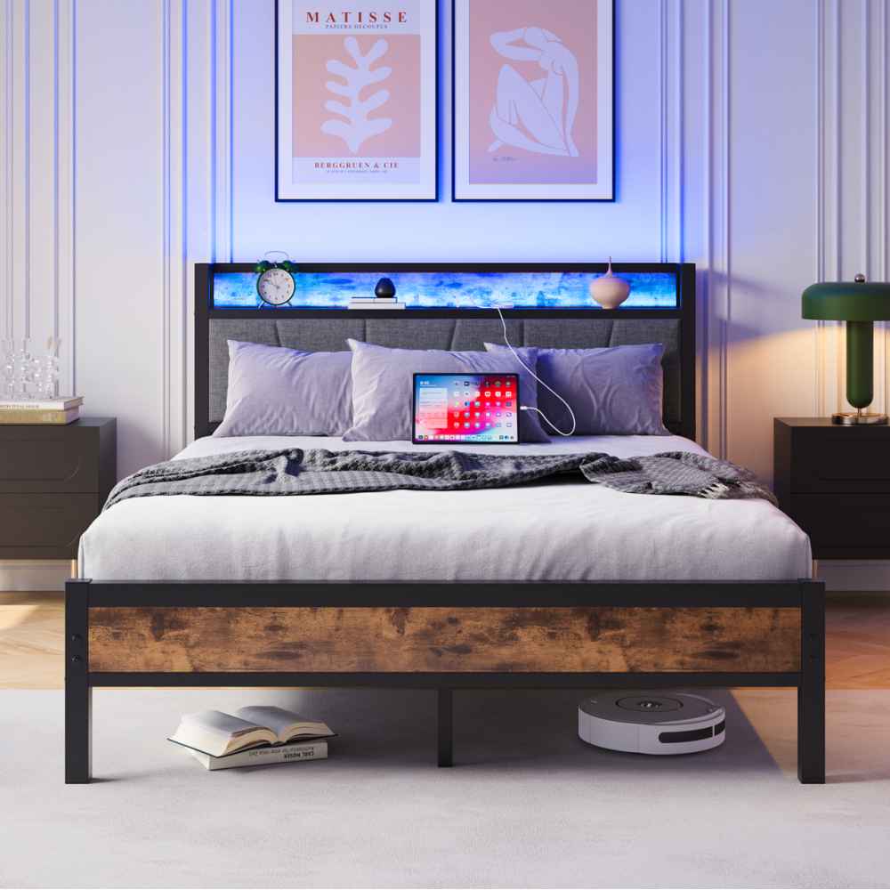 Rama łóżka 140×200 cm z inteligentnymi diodami LED, schowkiem i portami USB – solidna metalowa konstrukcja, cicha praca i łatwy montaż