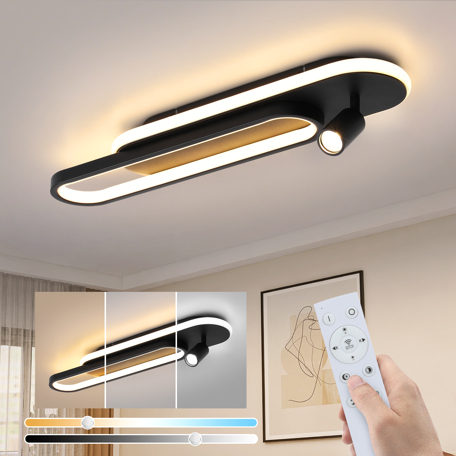 ZMH Lampa sufitowa LED do salonu: 46W, czarna, ściemnialna, z 1 reflektorem sufitowym i pilotem
