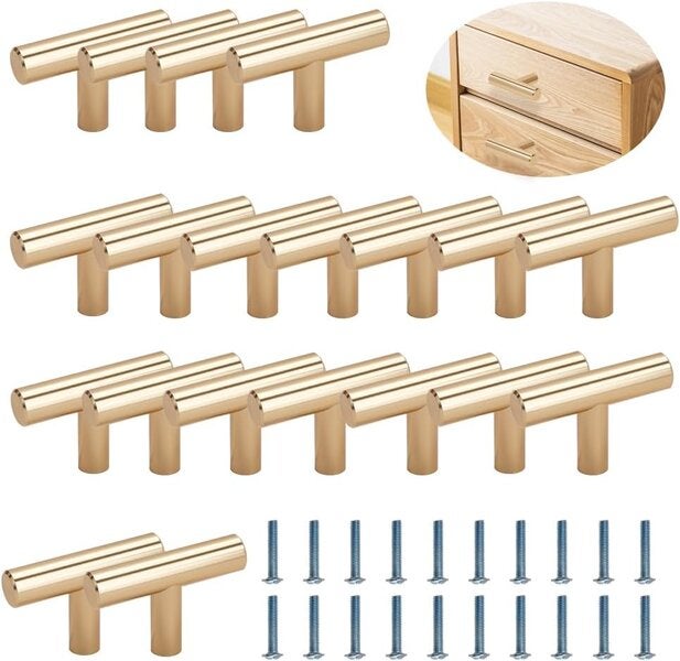 Set de 20 de mânere aurii în formă de T, 50 mm, din oțel inoxidabil pentru sertare de bucătărie 20buc