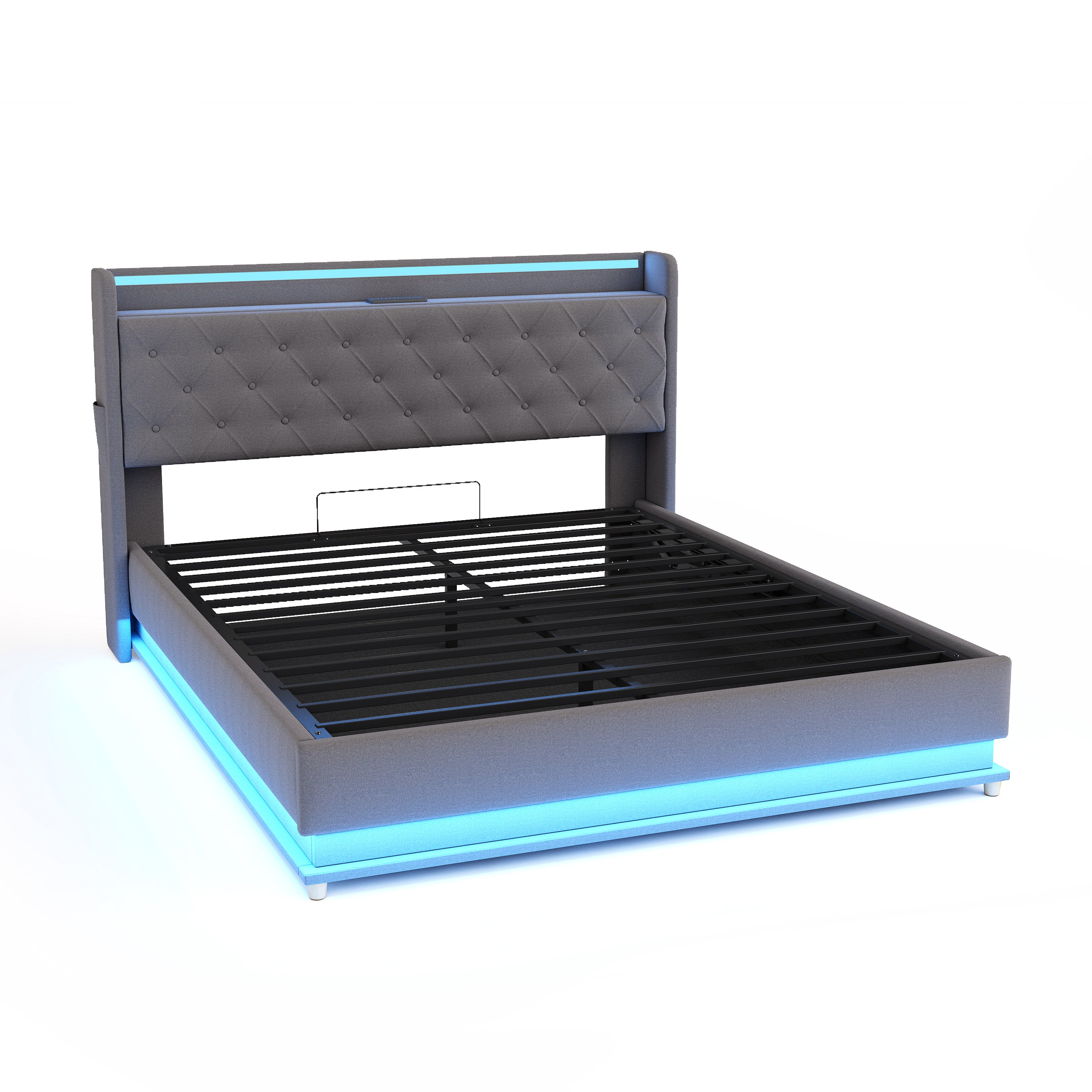 Cómoda Cama Tapizada con LED 160x200 cm - con Puerto de Carga USB - Tela de Lino - Gris - 6