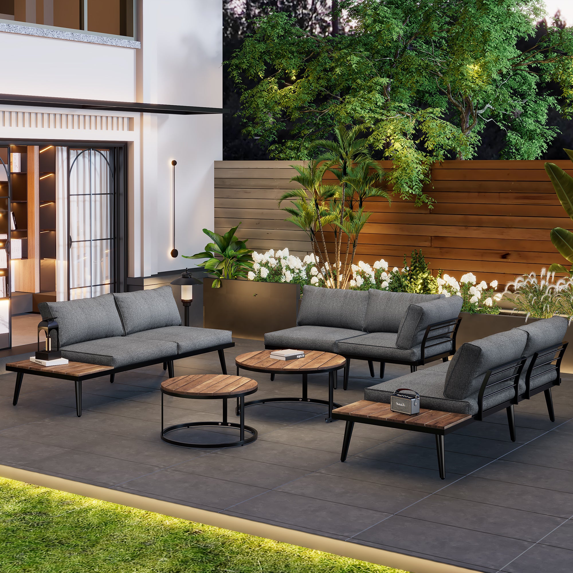 Salon de jardin pour 5 - 6 personnes, cadre en fer galvanisé, salle à manger ensemble de 6 pièces (2 canapés, 2 fauteuils simples, 2 tables) - 4
