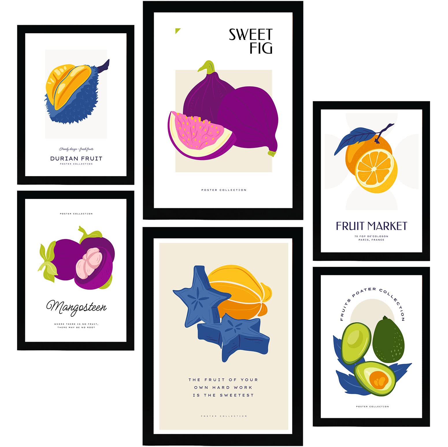 Nacnic set de 6 posters de comida y alimentación collage de frutas láminas de naturaleza y nutrición para el diseño y tamaños a3 & a4 marco negro