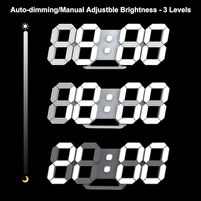 Horloge murale numérique LED 3D Petit réveil Affichage de la température 12/24 heures Mémoire de l'heure Fonction snooze Veilleuse Luminosité réglable - 2