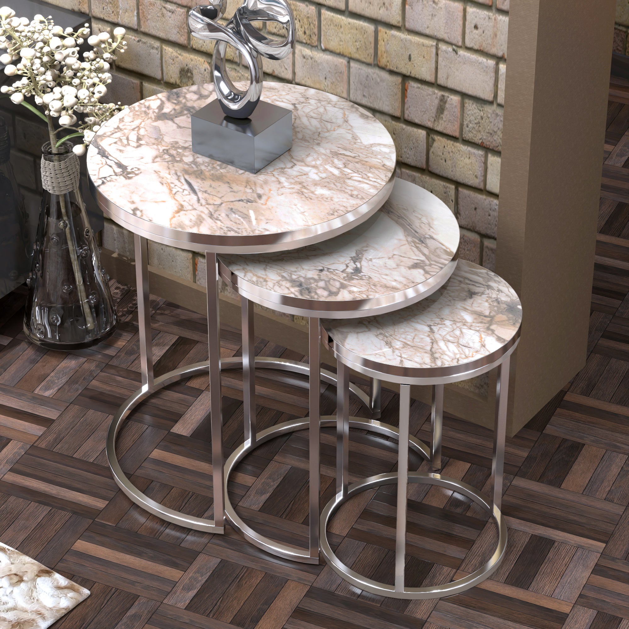 Set Di 2 Tavolini Salotto Sovrapponibili HOMCOM - Piano Effetto Marmo Bianco, Struttura Acciaio Dorato, Piedini Regolabili