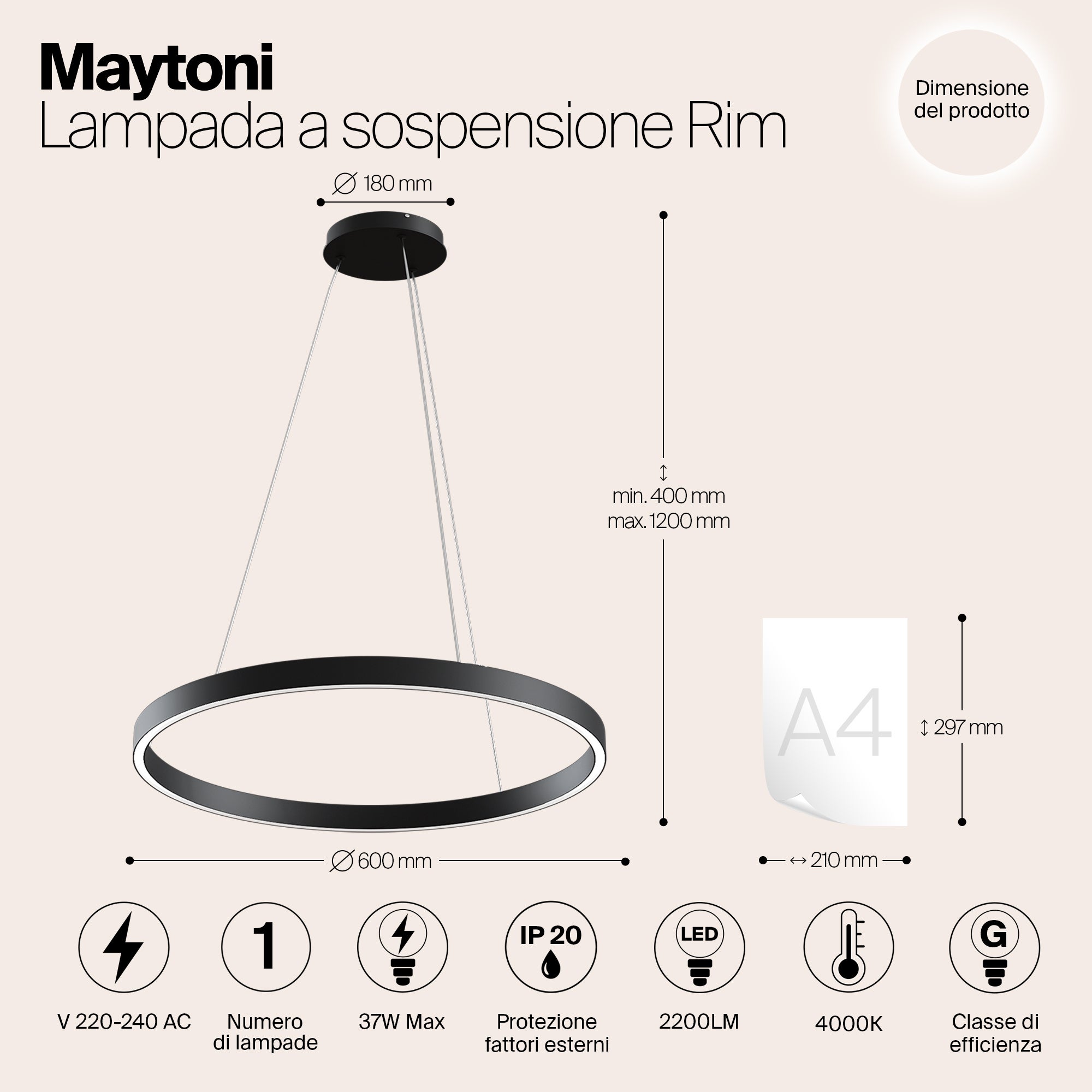 Lampada a sospensione Moderna Rim Alluminio Nero IP 20 AC 85-265 37 W per cucina, sala, studio, camera da letto - 2