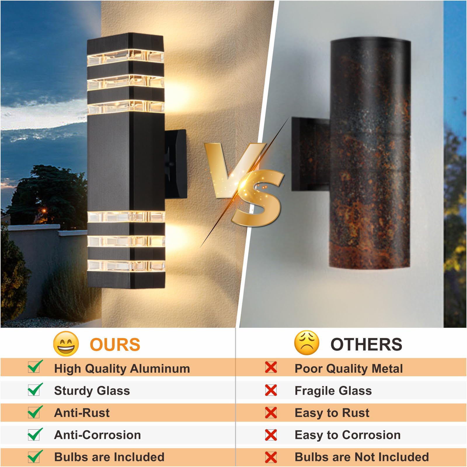 Set di 4 applique da esterno in alluminio, illuminazione verso l'alto e verso il basso, 3000K, impermeabili IP44, per terrazze e garage (34 x 11 cm) - 3