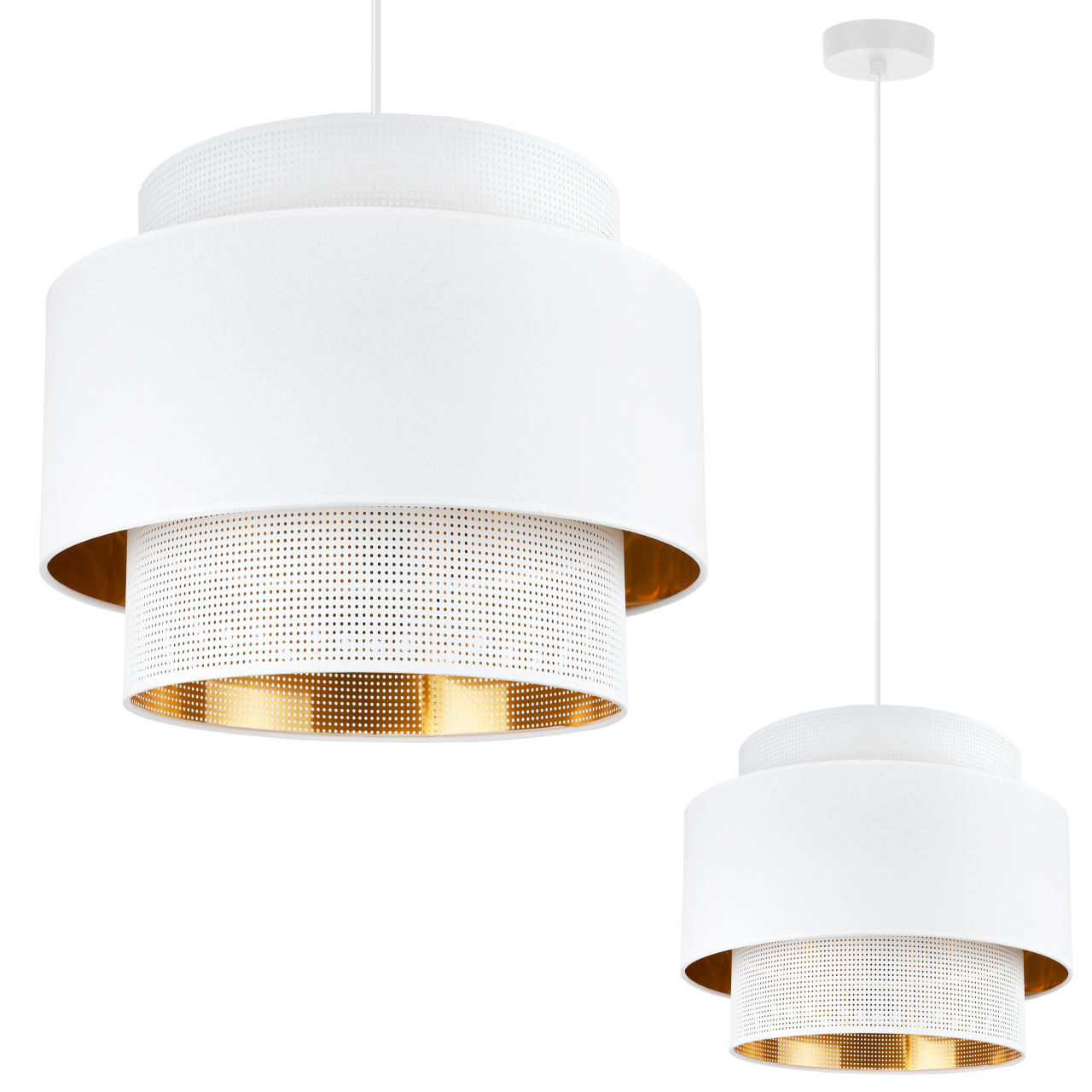 Lampa sufitowa wisząca Asti Trio biała glamour 1xE27 abażur okrągły siatka tkanina 35cm biały/złoty Light Home LH