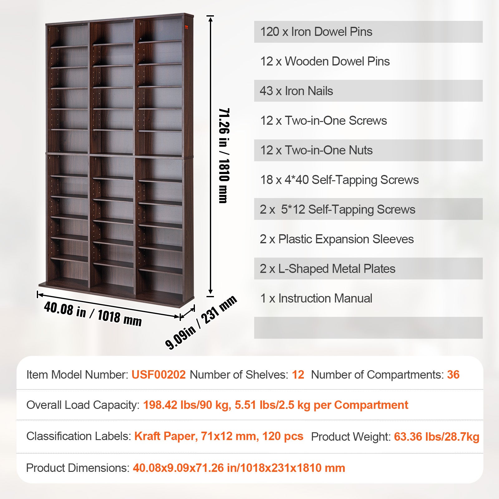 Caixa para CD/DVD VEVOR, ajustável com 36 compartimentos, prateleira para DVD de 12 camadas comporta 1080 CD, protege e organiza as coleções de música - 7