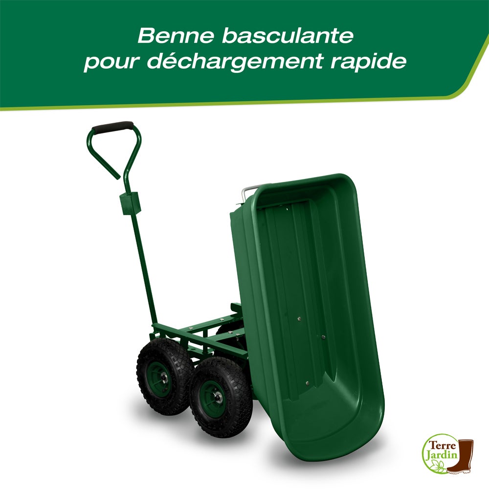 Chariot de Jardin 4 Roues 120 kg - Bac Bascule 52L avec Poignée Amovible - 3