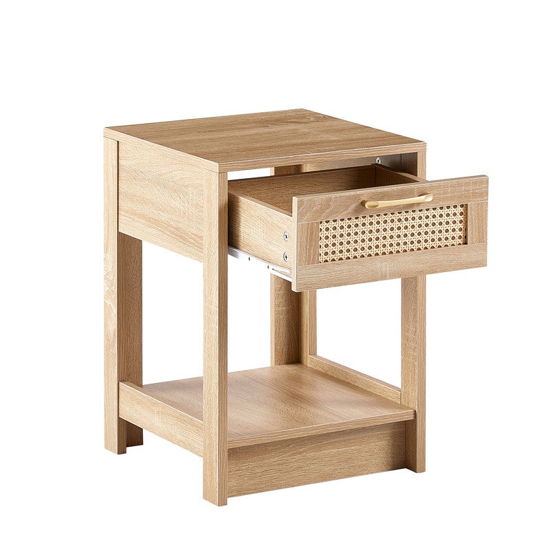 Table de Chevet Moderne avec Tiroirs, Rotin, Table d'appoint, Idéale pour le Salon et la Chambre, Couleur Bois Naturel - 40 x 40 x 50 cm - 7