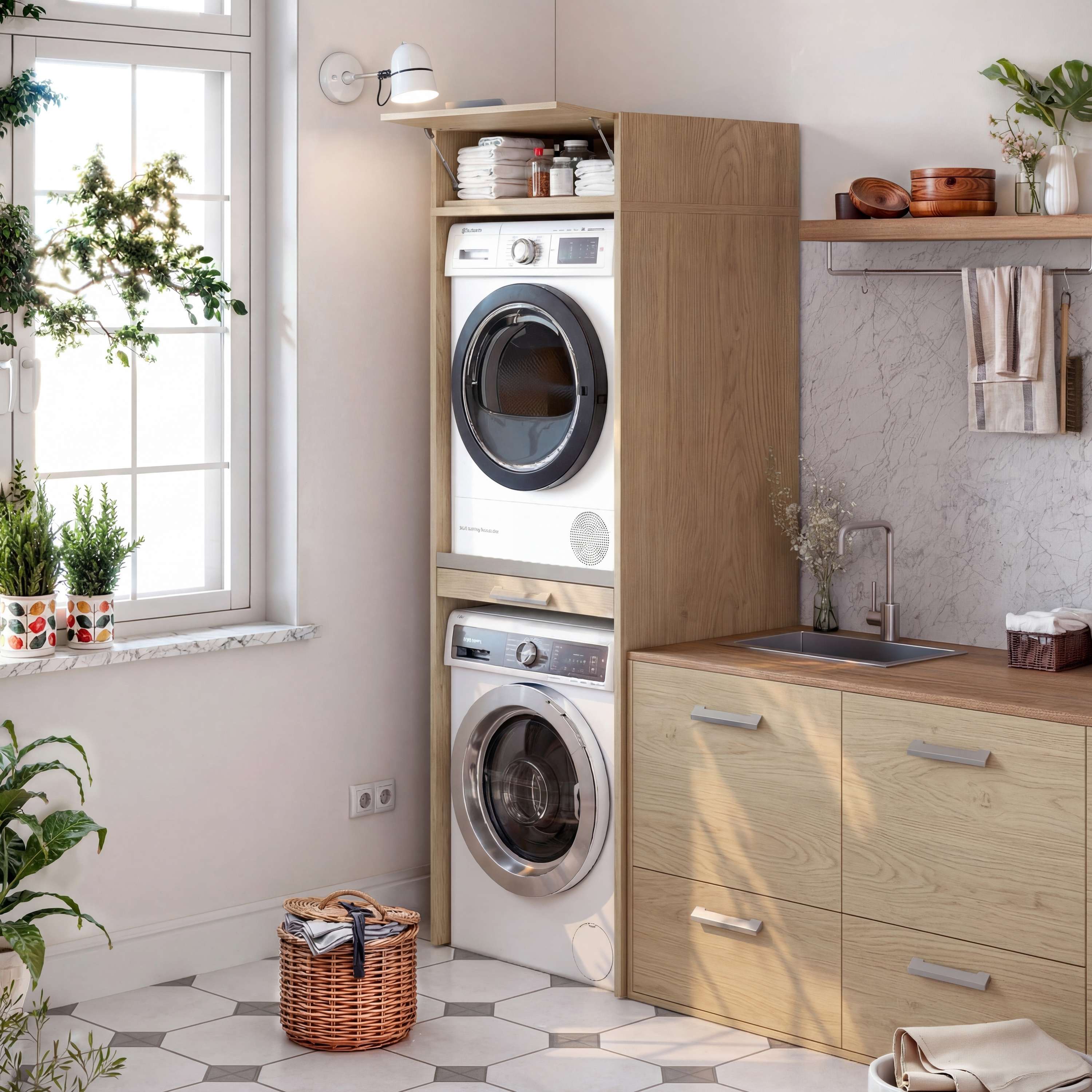 Mueble columna lavadora secadora con mueble alto T-BATH 67,2x208cm roble esp.22 mm - 3