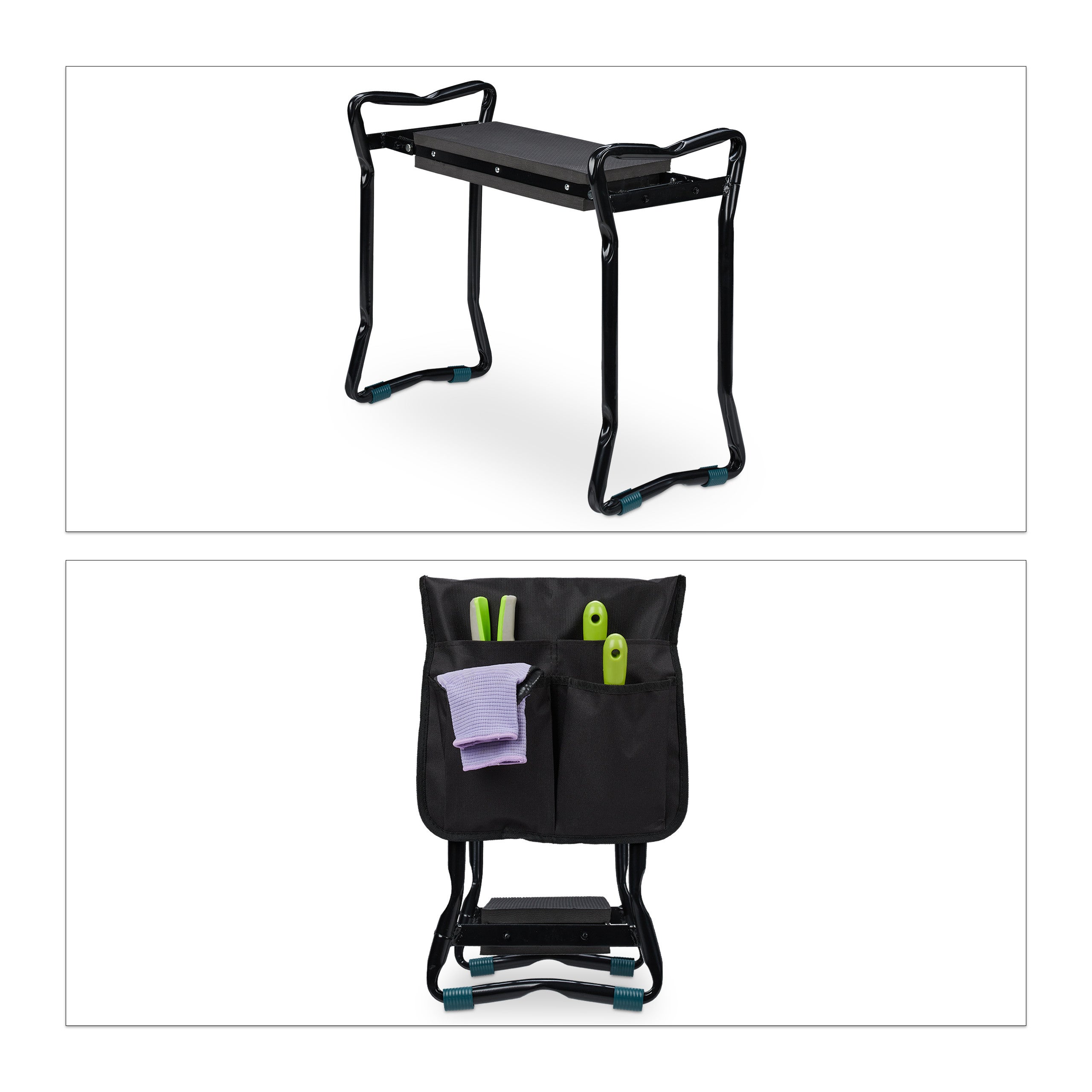 Banc agenouilloir de jardin pliable avec coussin rembourré en EVA, 2 sacs en polyester, jusqu'à 150 kg, 50 x 60 x 27,5 cm, noir, Relaxdays - 6