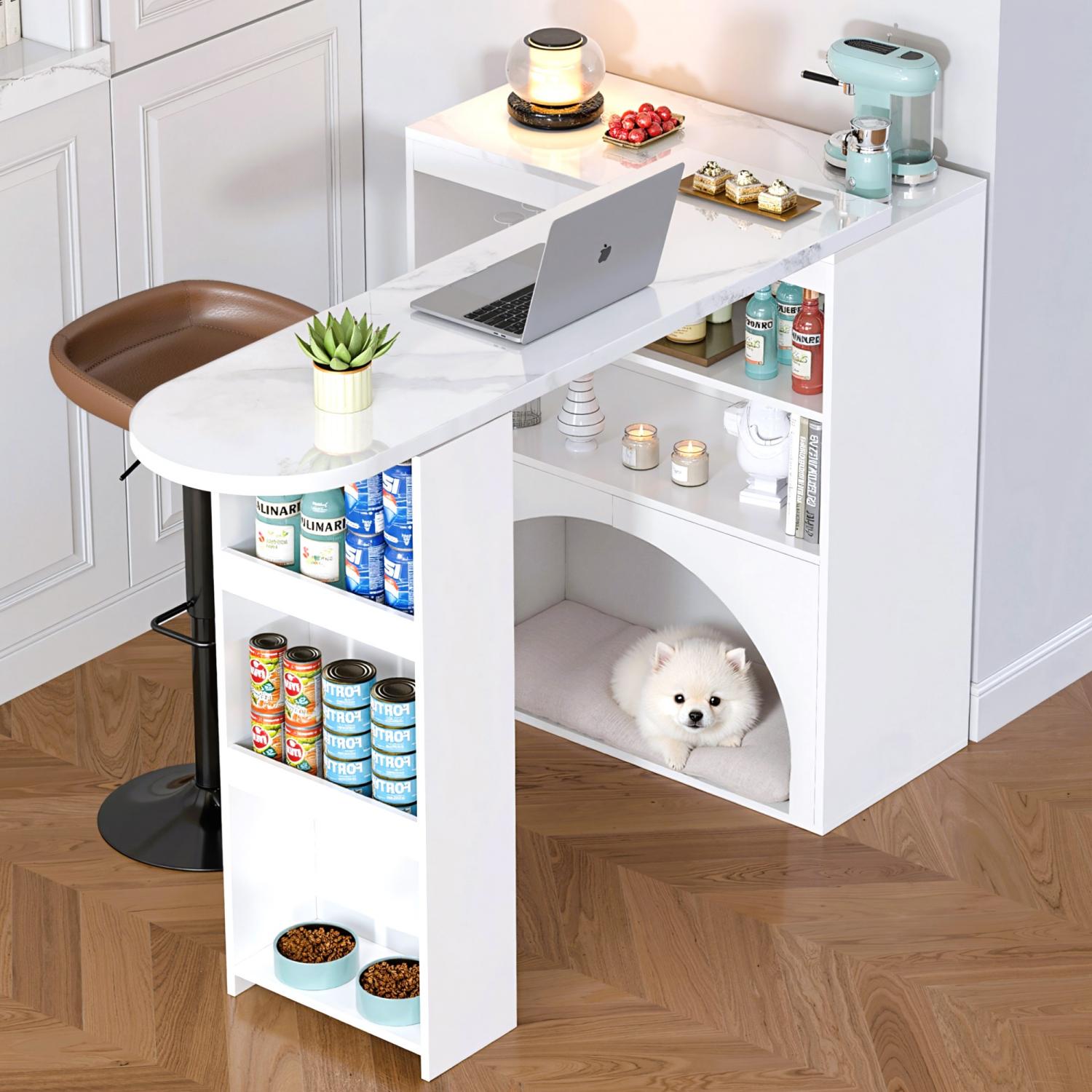 Table De Bar Extensible 118-180cm - Avec 6 étagères De Rangement - Plateau MDF - Couleur Grise - Salon, Salle à Manger