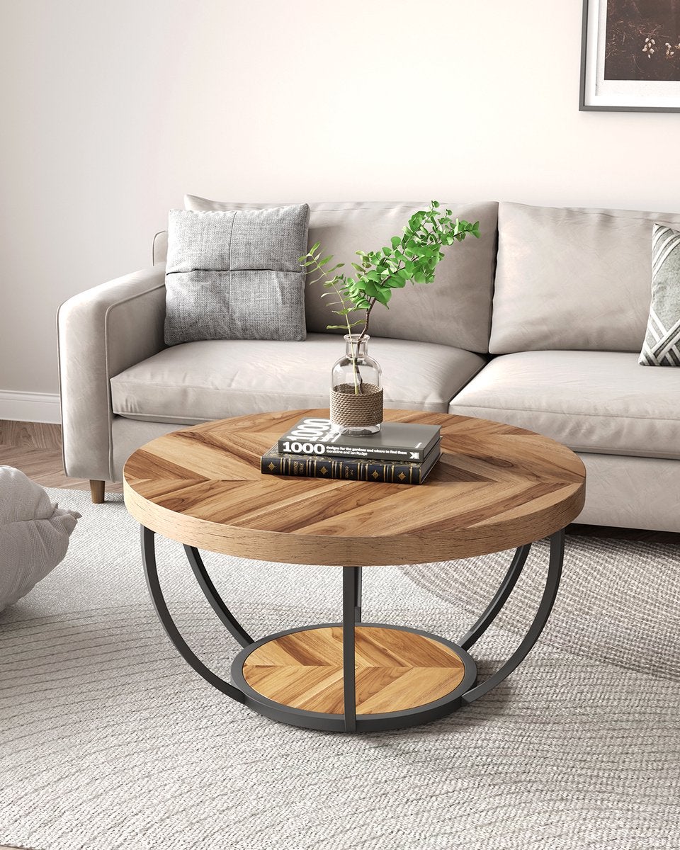 Tribesigns Industrial 2-Tier round Coffee Table , 80*80*45CM, with Storage Shelves for Living Room, Wooden Grain - 7