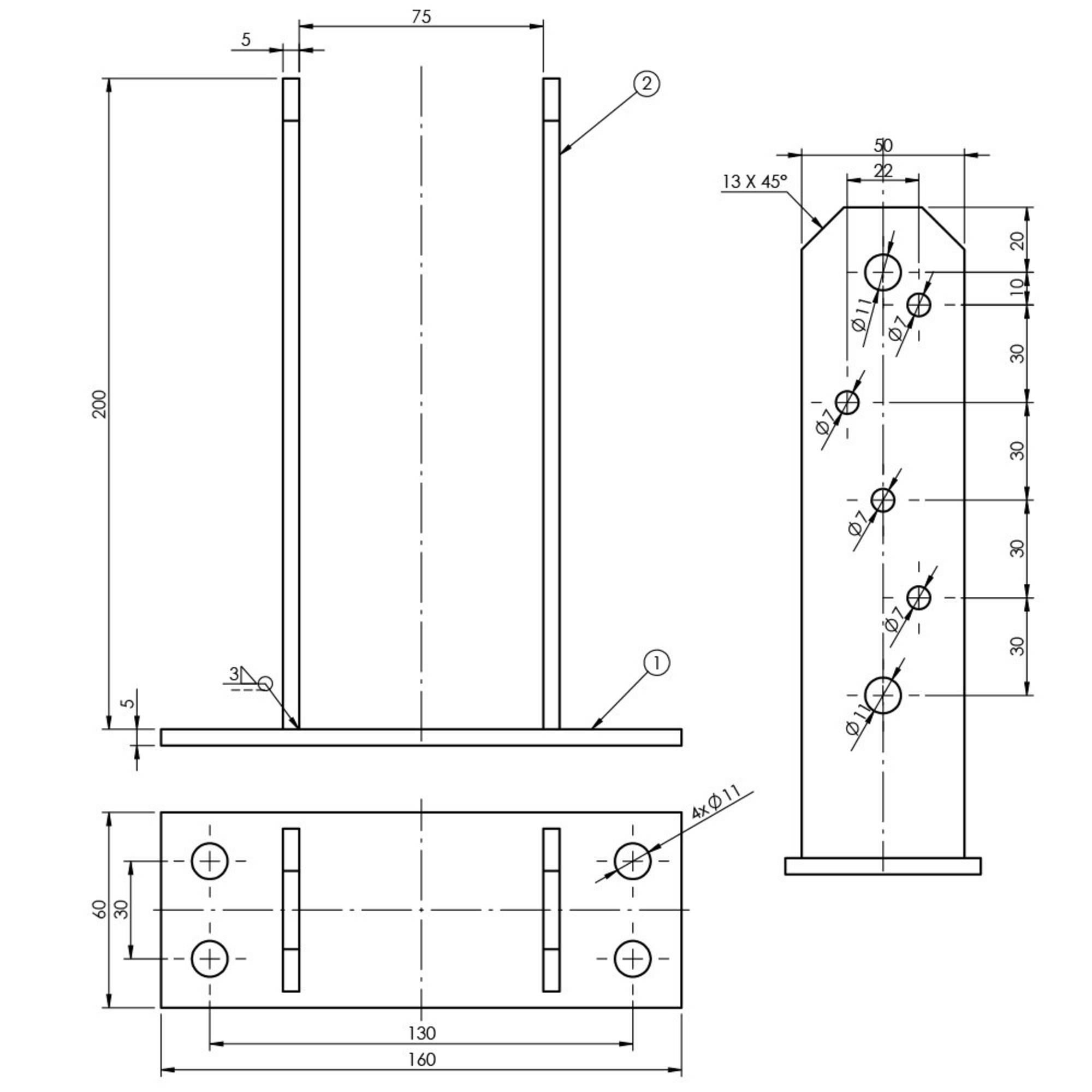 Embase pied de poteau en TT zinguée à visser - 75 x 200 x 50 x 4,0 mm - 4