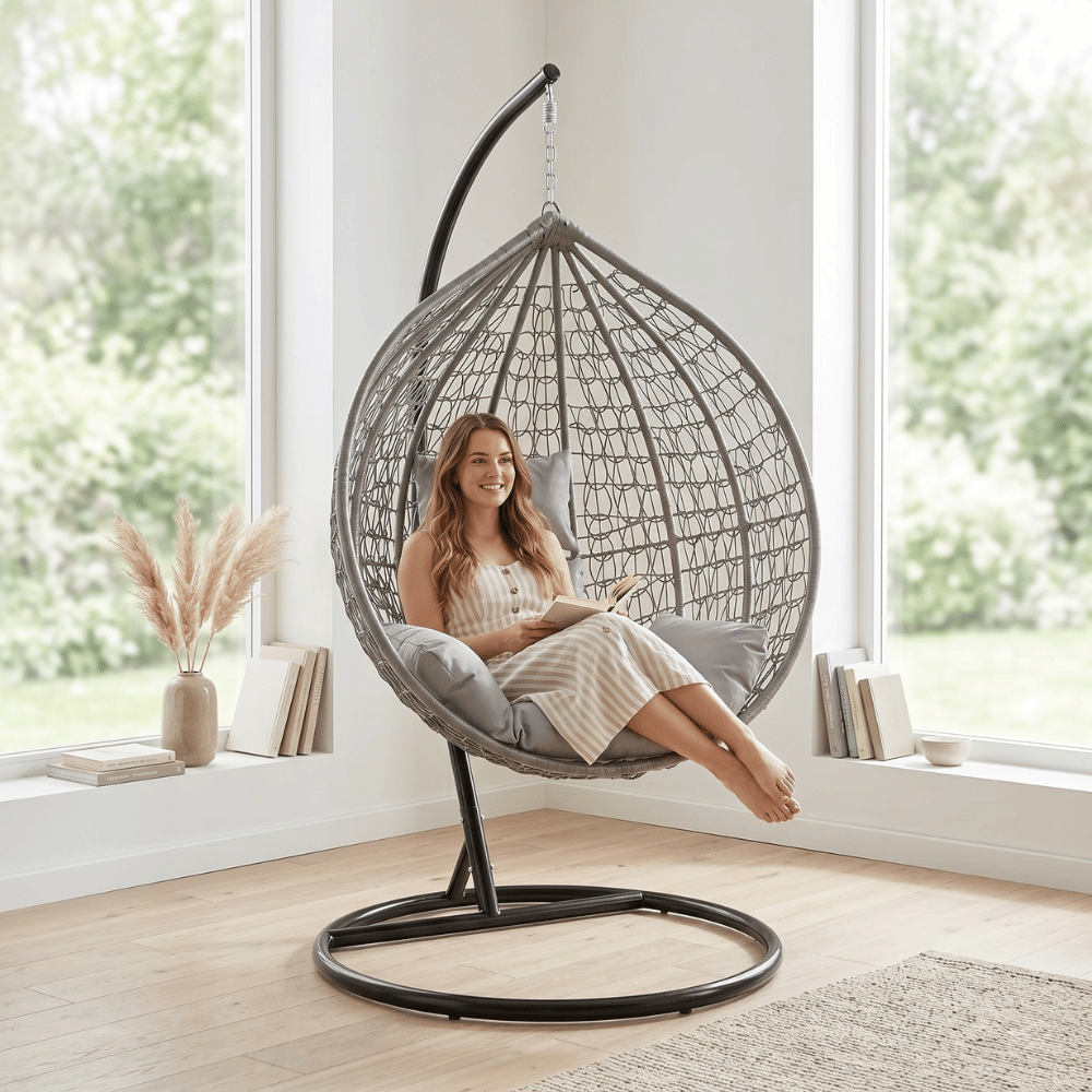 Fotel wiszący kokon ogrodowy ze stelażem poduszki szary FUNFIT GARDEN - 4