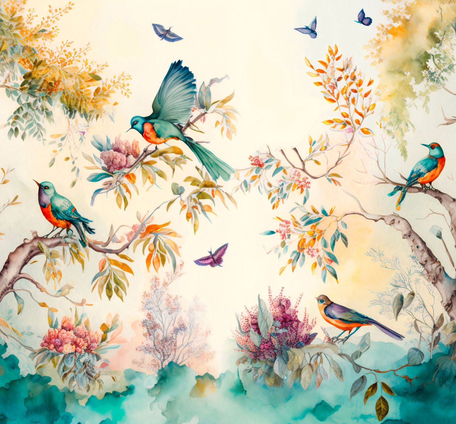 Fotomural hojas de la selva tropical y pájaros del paraíso turquesa y beige - 3 x 2.79 m - sanders & sanders