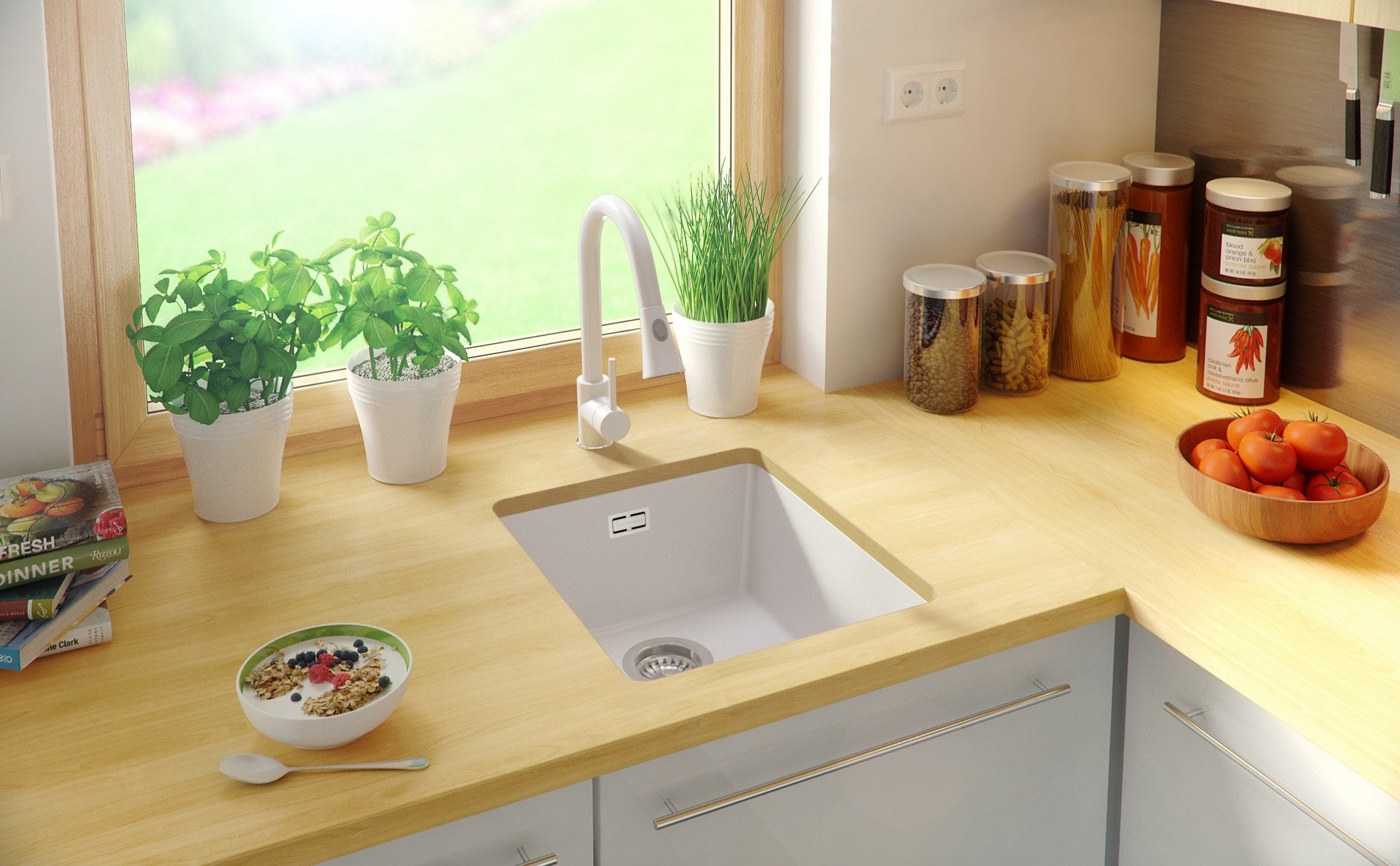 Lavello sottotop Bianco 41x47cm, Lavandino in Granito a 1 vasca + Sifone Classico, Lavabo da Cucina al mobile 45cm - London PRIMAGRAN - 9