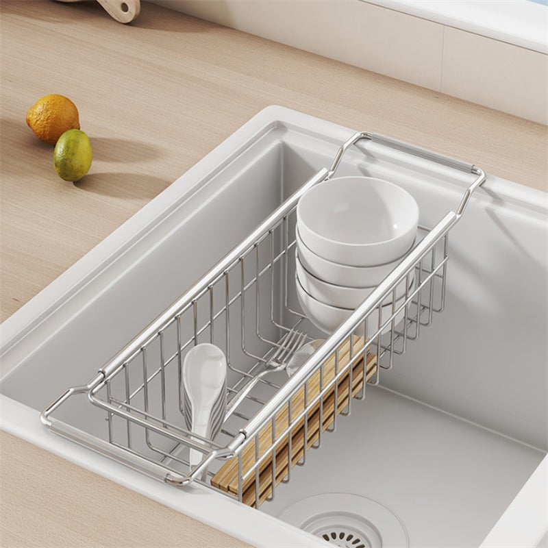 Półka do zlewu kuchennego, rozkładana, stal nierdzewna, 40×12×9 cm, ociekacz, uchwyt na naczynia i owoce/warzywa - 5