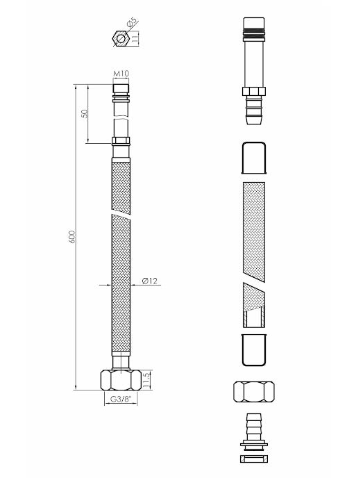 60cm Long M10 x G3/8 Noir Nylon Tressé Tuyau Flexible Robinet - 4