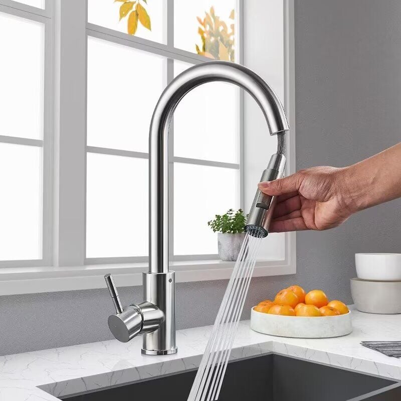 Bateria kuchenna z elastyczną obrotową o wylewką wykonana stali nierdzewnej z wyjmowanym perlatorem wysuwanym spryskiwaczem tryby szczotkowany nikiel