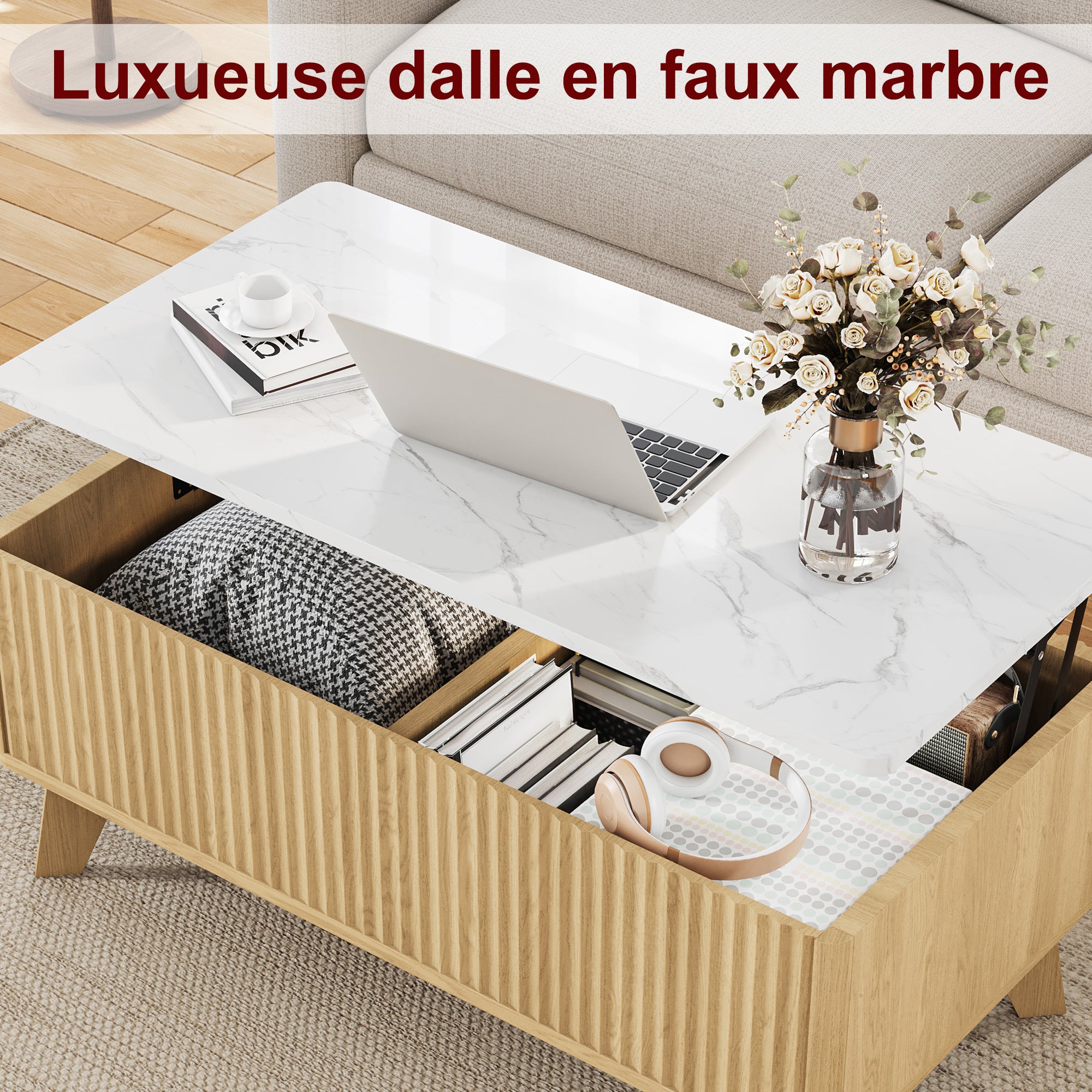 Table Basse Relevable 105x53x42cm, Style Scandinave, Table de Salon avec Comptoir Imitation Marbre et Pieds en Bois Massif, Naturel - 9