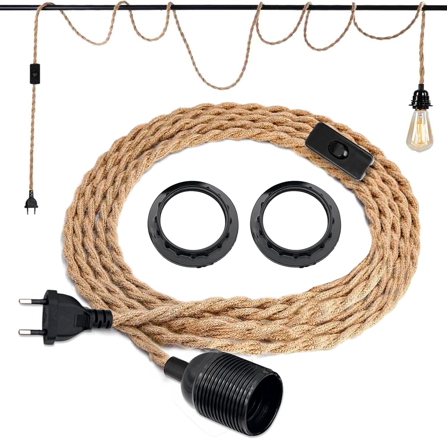 3 Portalámparas E27 Con Interruptor Y Enchufe – Cable 3,5m, Negro, Casquillo Con Rosca Y Anillo