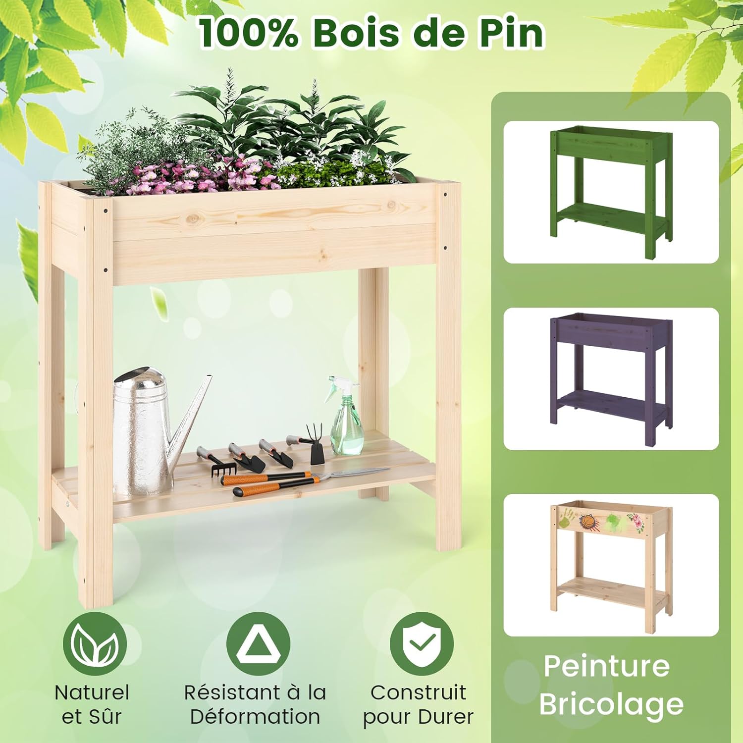 Jardinière Surélevée en Bois avec Pieds, Lit de Jardin avec Étagère de Rangement et Trous de Drainage, Conteneur (81 x 37 x 77 cm) - 7
