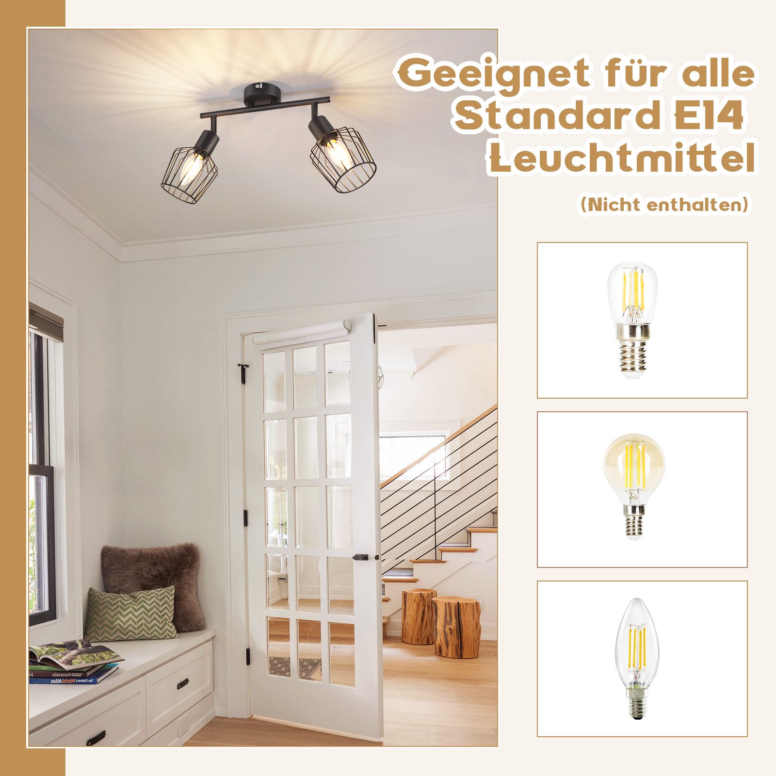 NETTLIFE Foco de Techo，2 luces E14 - Metal, Lámpara de Pasillo Industrial Giratoria 350°, Aplique de Pared para Pasillo y Sala de Estar, Negro - 2