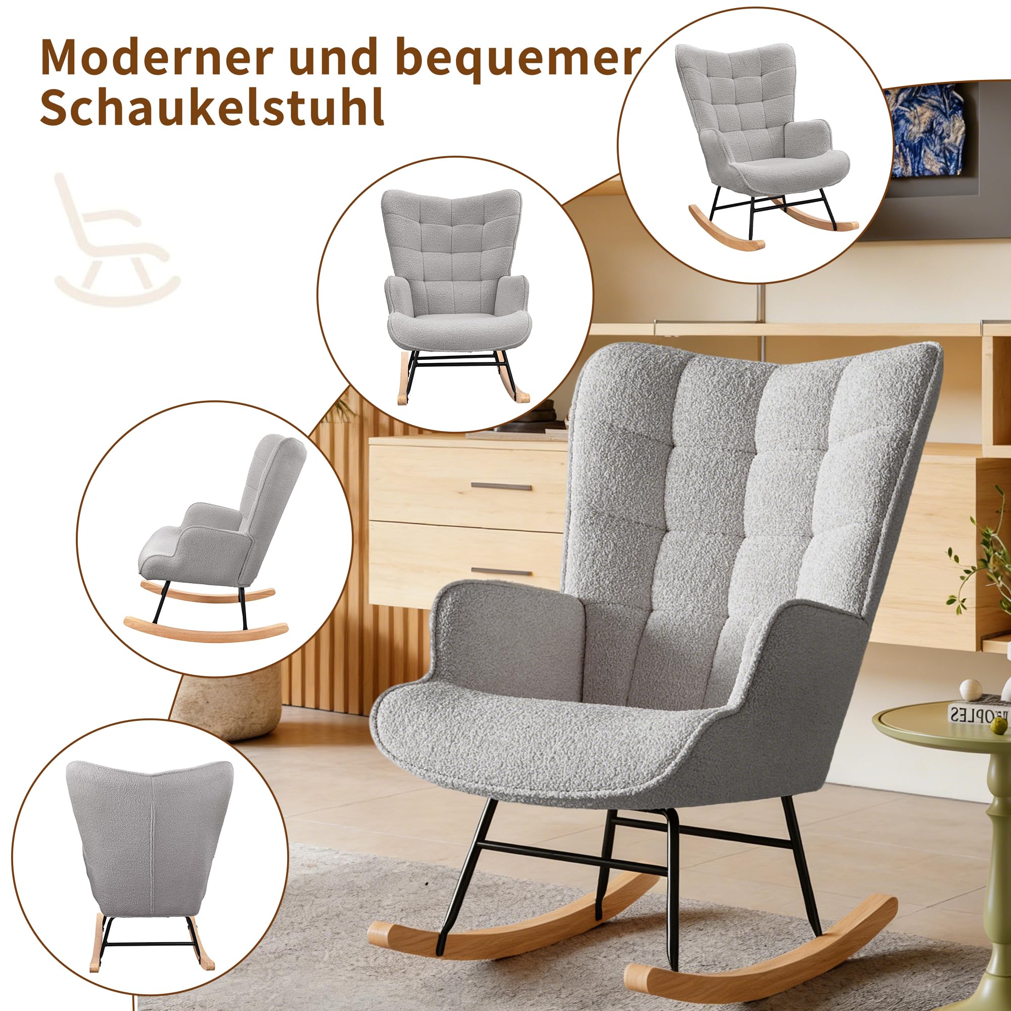 Fauteuil à bascule, d'allaitement, de salon, à bascule, avec structure en métal et base en bois, charge maximale:150 kg, tissu en peluche, Gris clair - 6