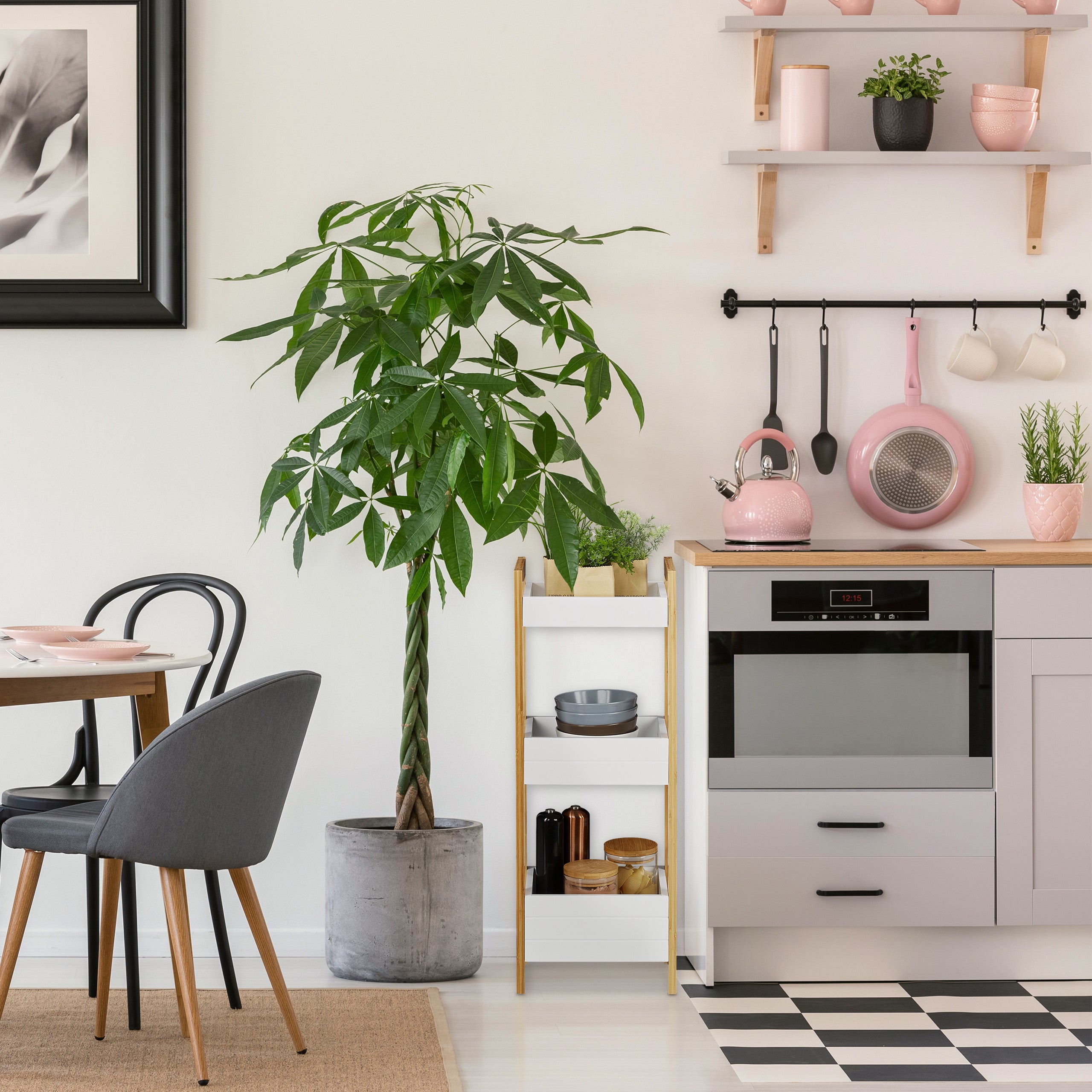 Etagère de bain avec 3 paniers, bambous et MDF, HxlxP 74,5 x 28 x 20 cm; debout, en cuisine, nature/blanc, Relaxdays - 5