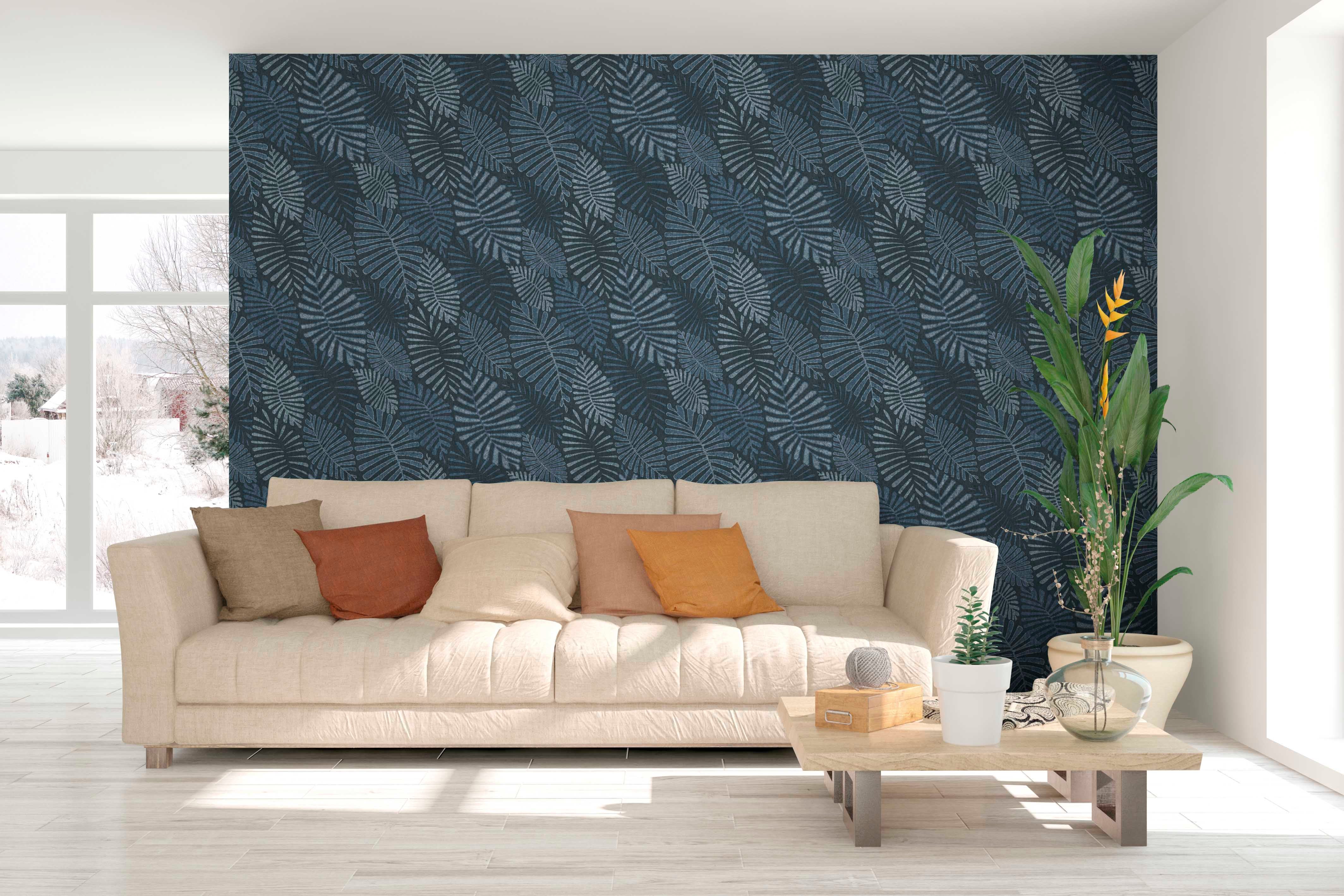 Papier peint Intissé Feuilles Multicolore Bioko Bleu | Leroy Merlin