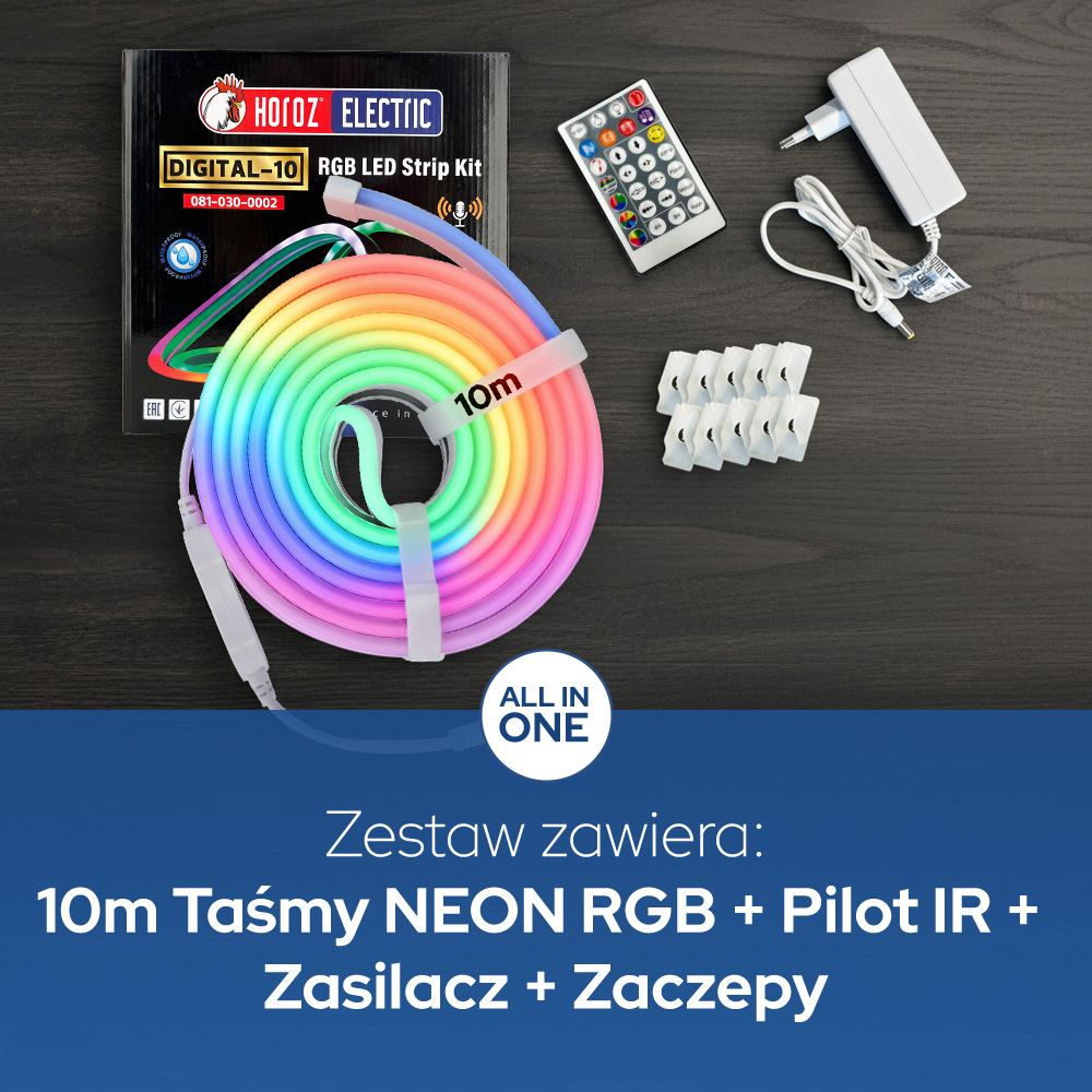 Taśma LED RGB NEON, 24V, 10W/m, 200lm/m, IP65, ze sterownikiem, zasilaczem i pilotem, rolka 10m, DIGITAL-10 HOROZ - 2