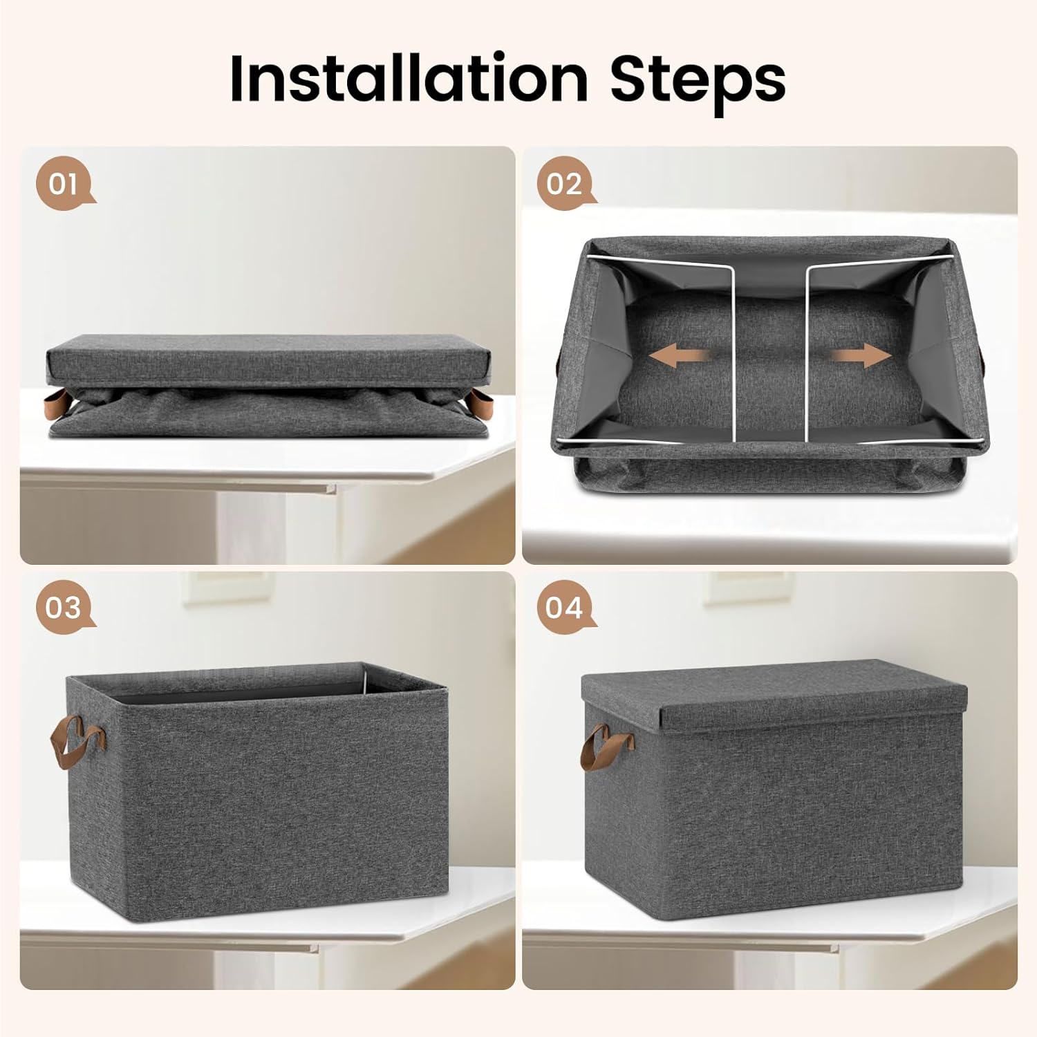 WOLTU Boîte de Rangement avec Couvercle，Lot de 6，Caisse Rangement Pliable，43x33x26cm，Coffre de Rangement en Tissu non Tissé，Gris - 3