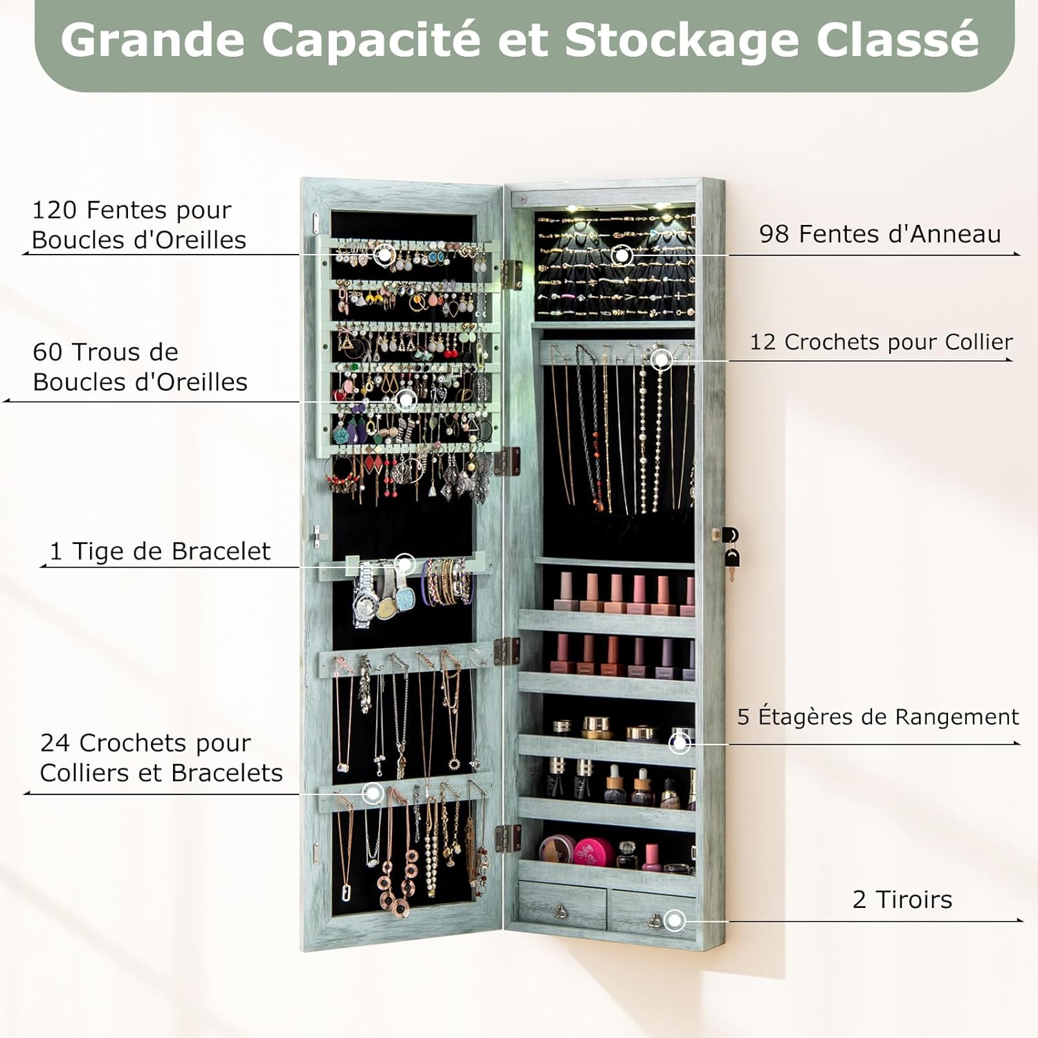 Armoire à Bijoux Mural Armoire Bijoux de Rangement 120 x 36 x 10 cm Bleu - 4