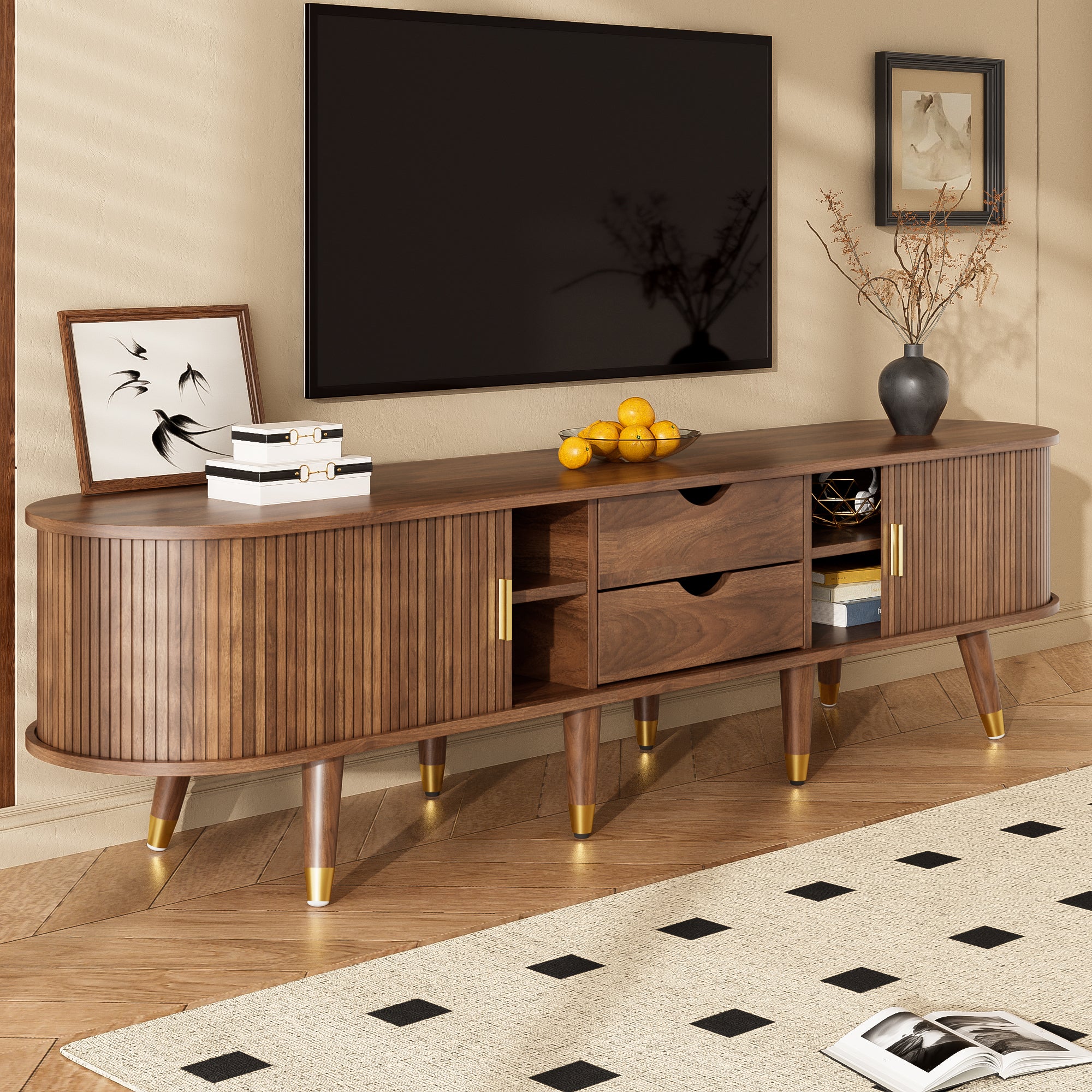 Mobile TV con 2 ante scorrevoli e 2 cassetti - 175 x 38 x 45 cm - MDF - per soggiorno - Noce - 8