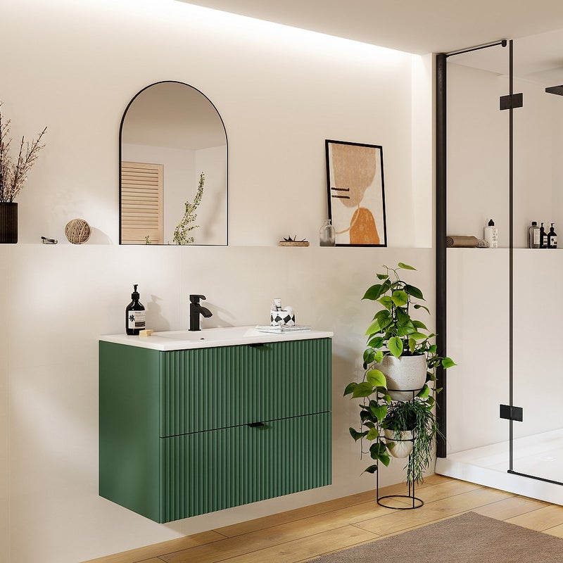 Szafka łazienkowa wisząca w paski z umywalką do zabudowy – zielona matowa – 80 cm – ZEVINI