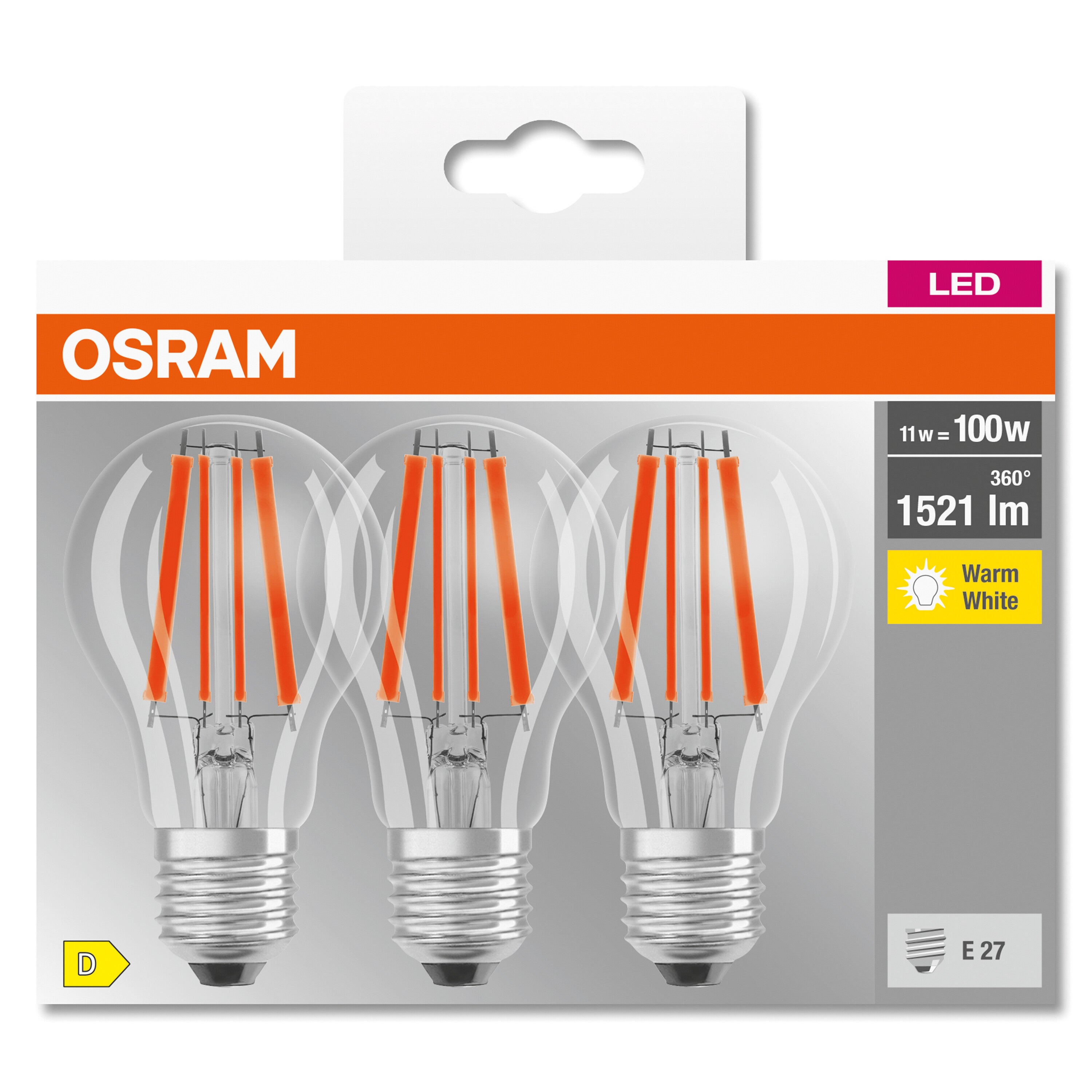 3-Pack OSRAM LED BASE Classic A100, ampoules LED à filament transparent en verre pour culot E27, forme ampoule, blanc chaud (2700K), 1521 lumen, en - 3