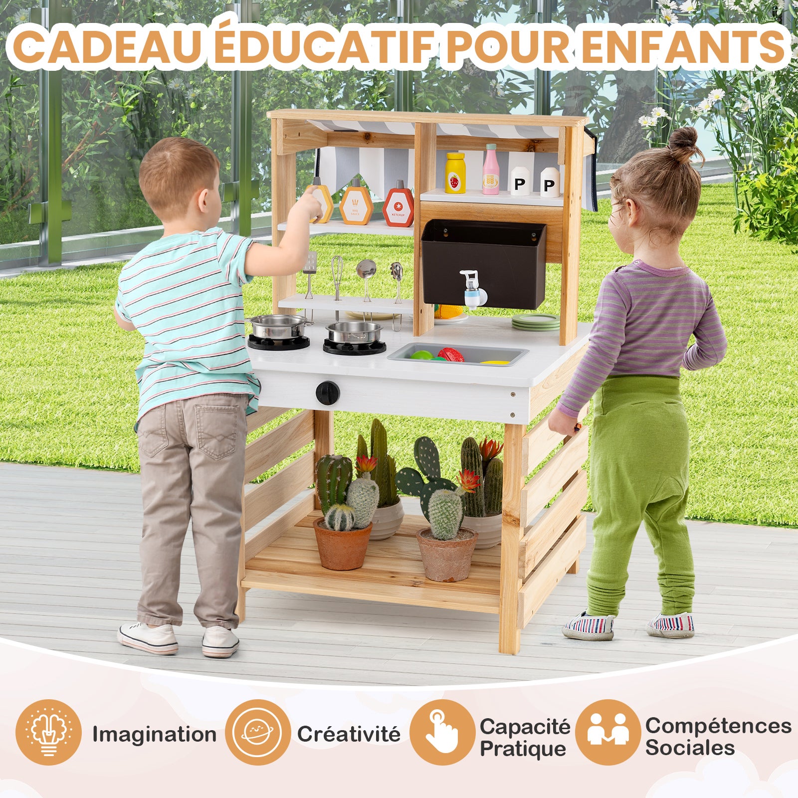 Cuisine Enfant Double Face avec Réservoir à Eau & Evier Amovible, Jeu de Cuisine en Bois avec Auvent & 6 Accessoires, pour 3 Ans+, Naturel - 9