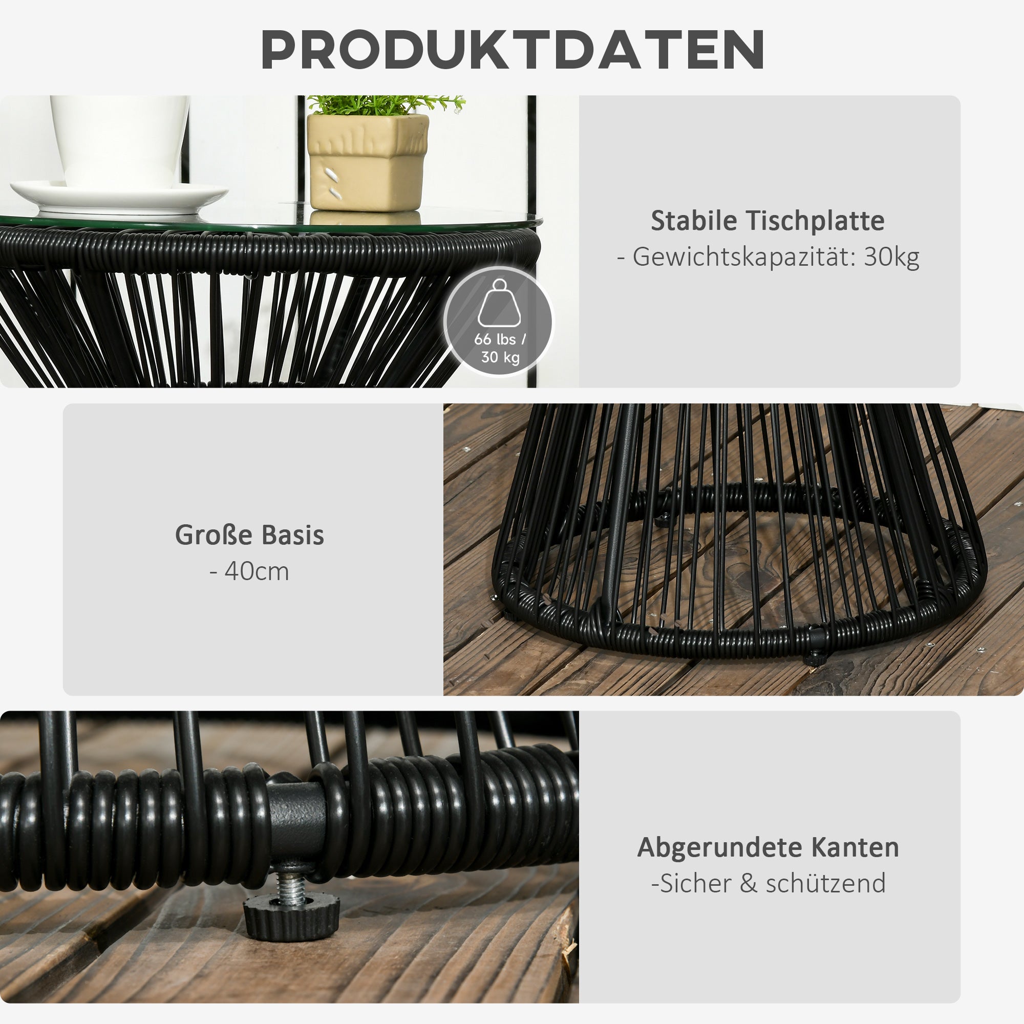 Table de jardin ronde en forme de tambour creux, table de bistrot avec plateau en verre, table basse noire pour jardin et balcon - 6