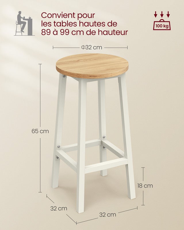 Conjunto de taburetes de bar, juego de 2, altura 65 cm, estructura de acero resistente, fácil montaje, estilo industrial, beige roble - 5